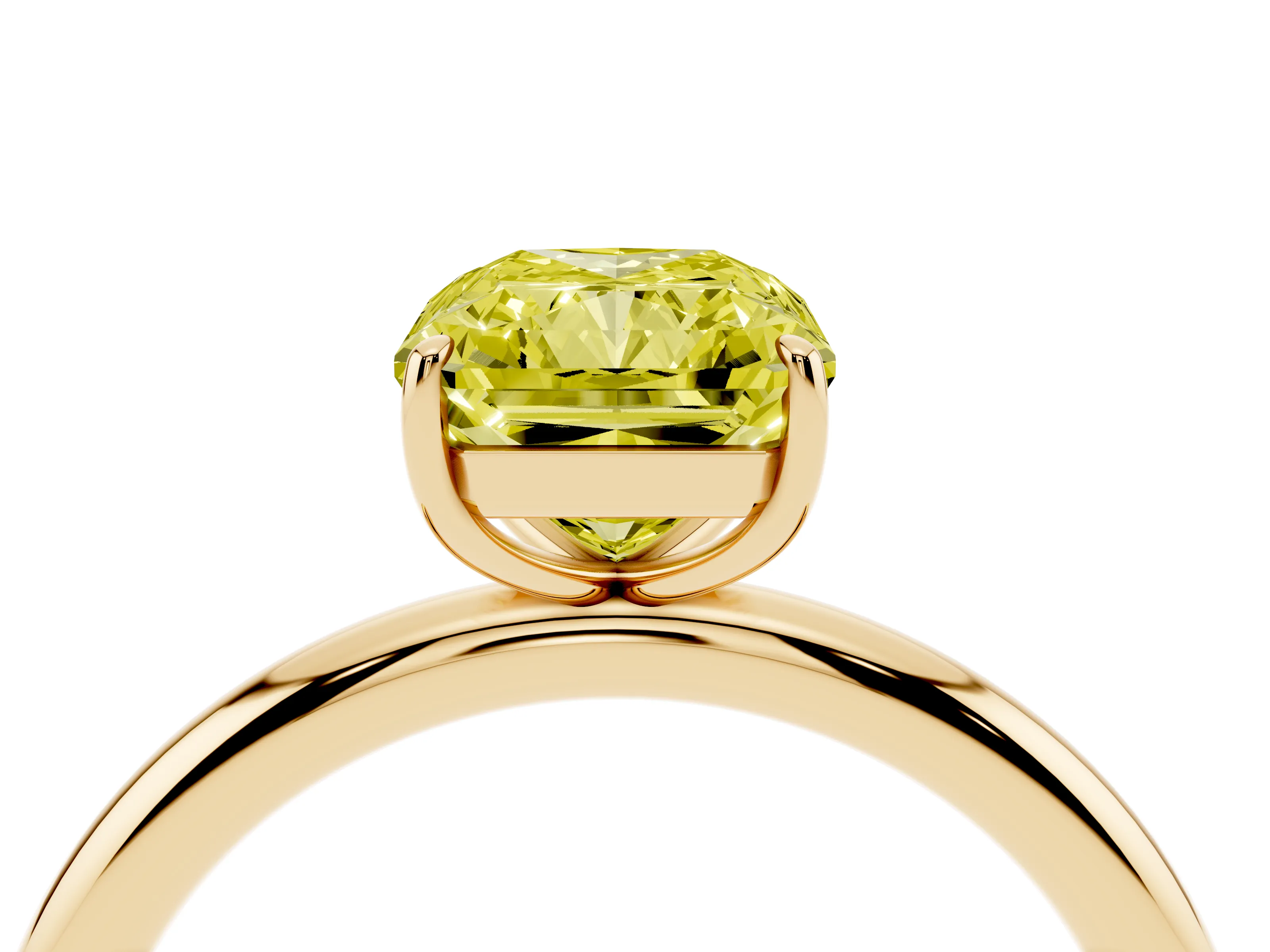Fancy Yellow Radiant Cut Diamond Solitaire Ring Set in Yellow gold with Prong Setting on a Polished Plain Band
