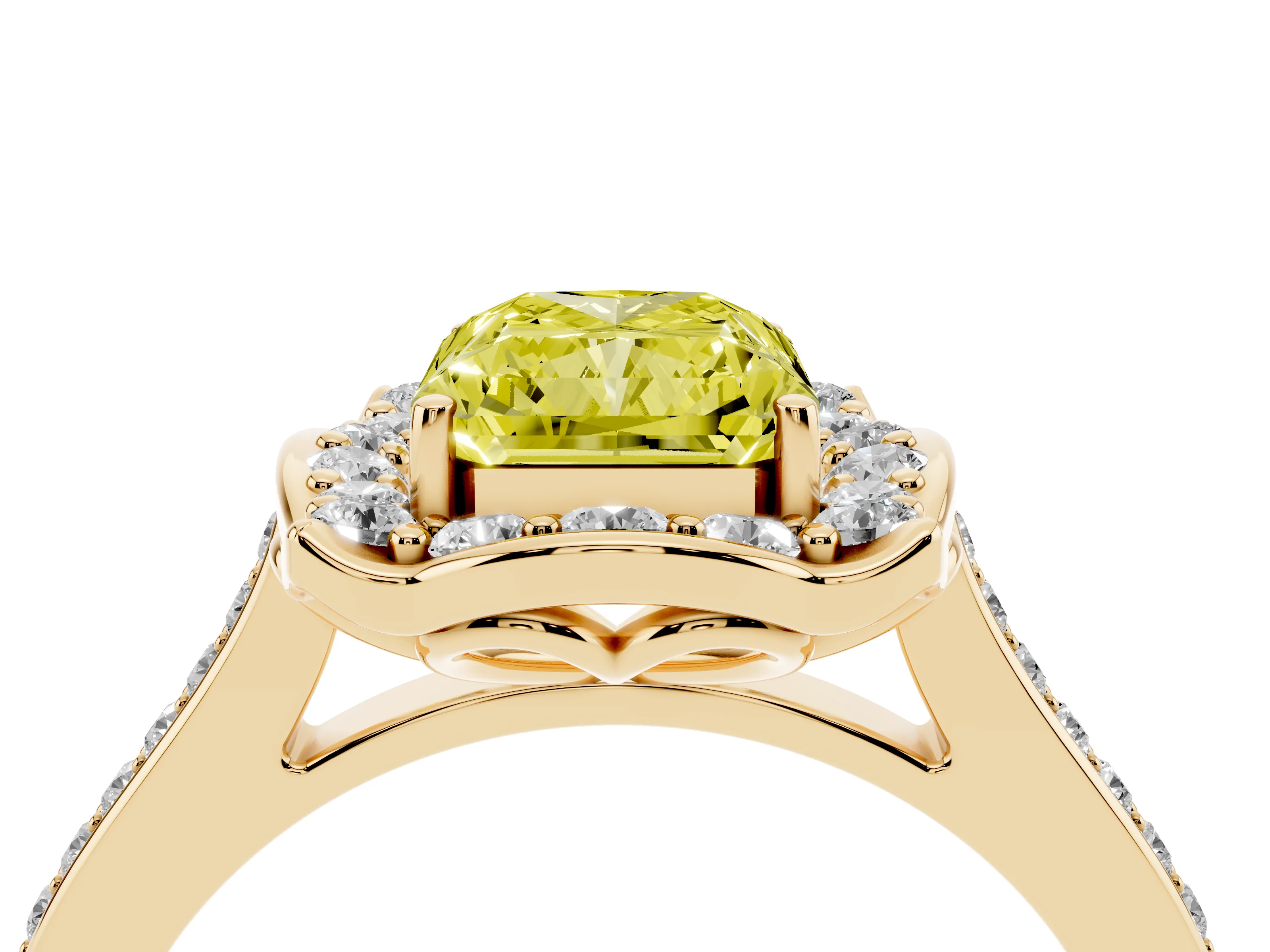 Fancy Yellow Radiant Cut Diamond Halo Ring Set in Yellow gold with Pavé-Lined Shoulders and Prong Setting