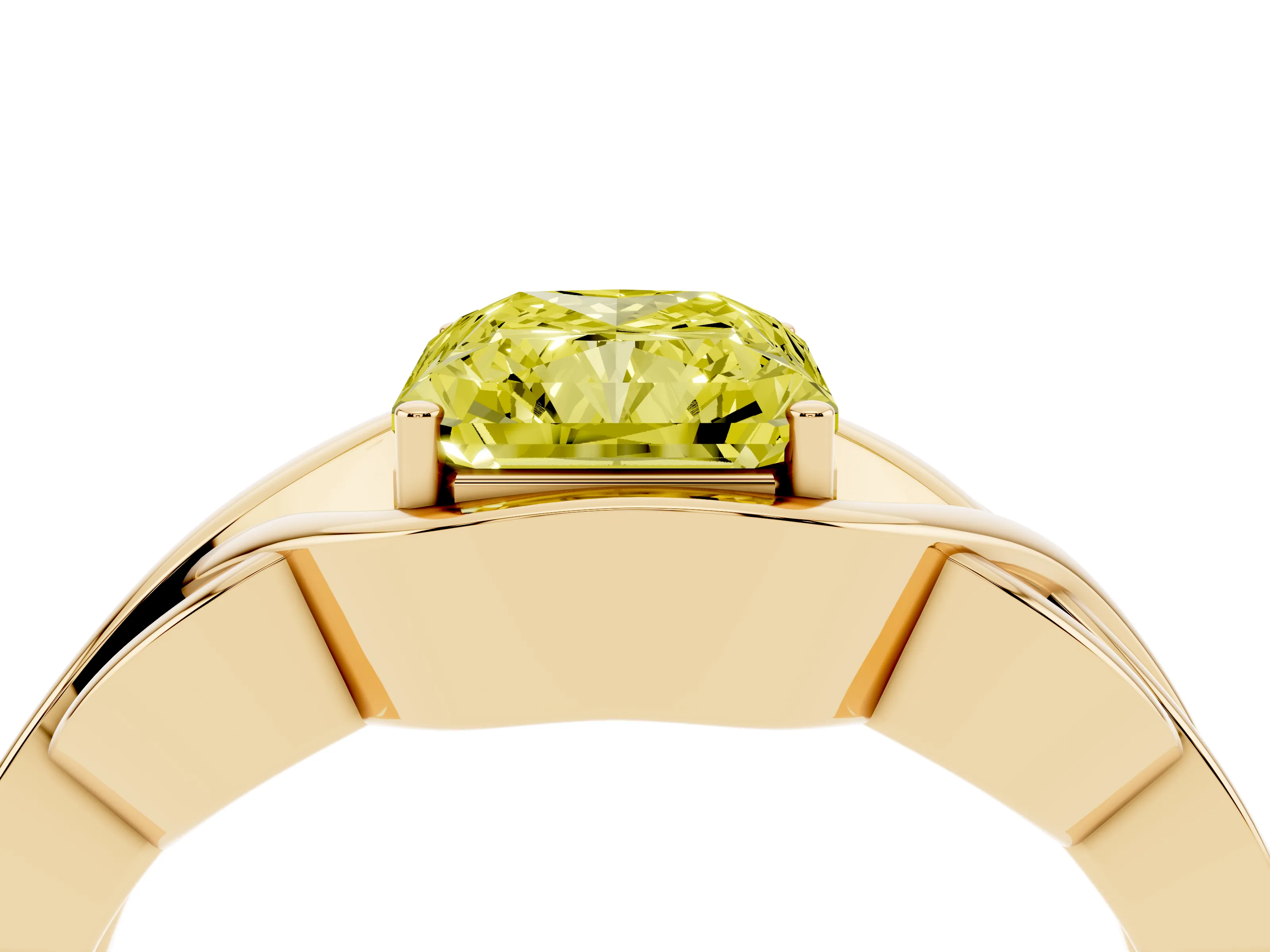 Fancy Yellow Radiant Cut Diamond Solitaire Ring Set in Yellow gold with Intertwined Band