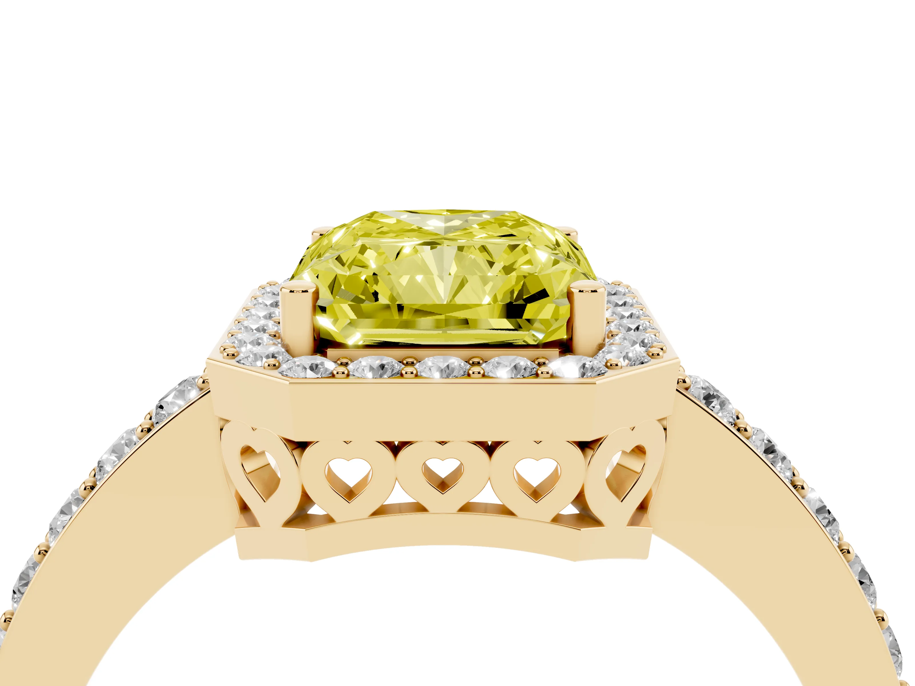 Fancy Yellow Radiant Cut Diamond Halo Ring Set in Yellow gold with Pavé-Setting Band and Open Prong Center