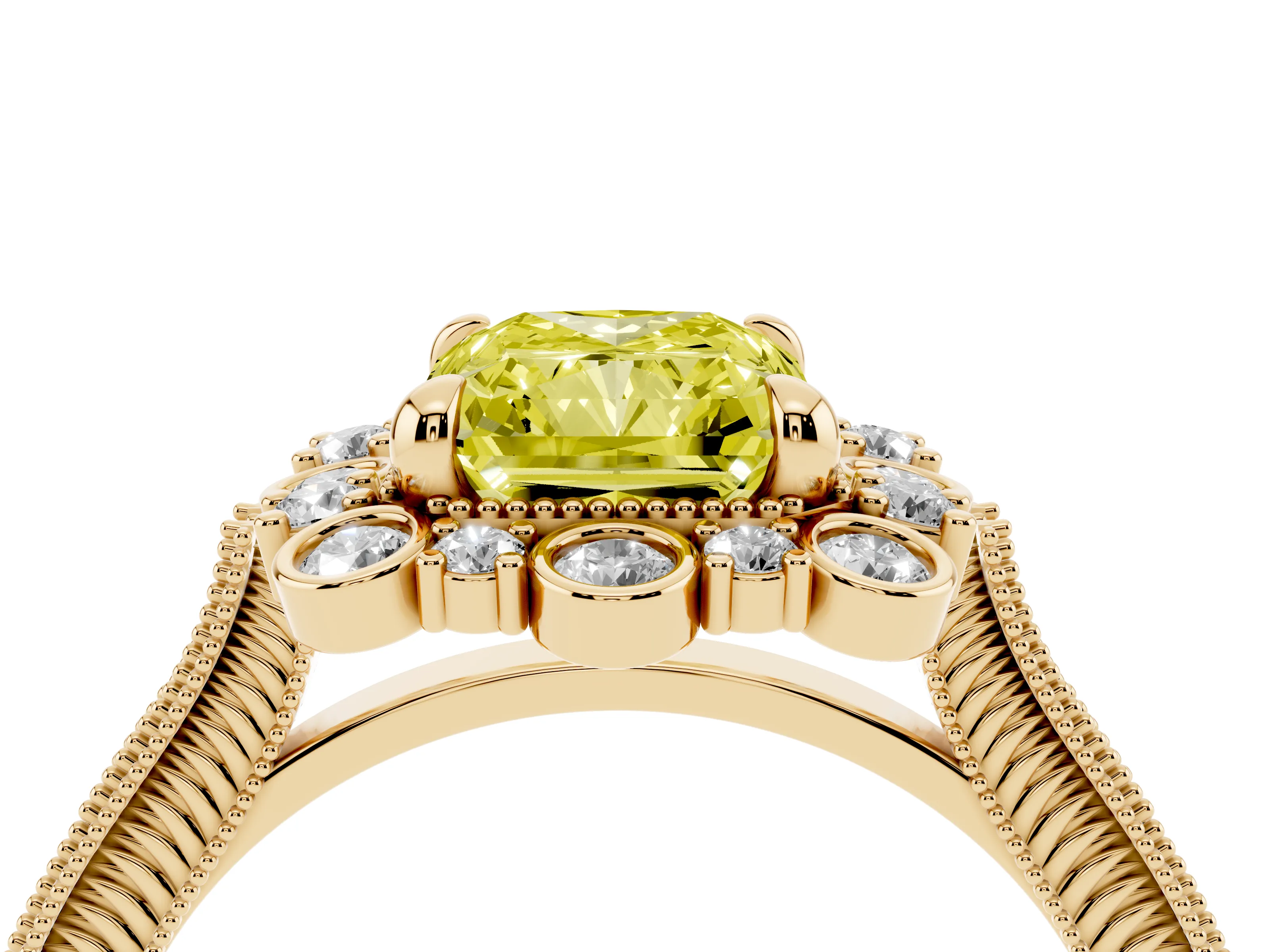 Fancy Yellow Radiant Cut Diamond Halo Milgrain Pavé Ring Set in Yellow gold with Prong Setting
