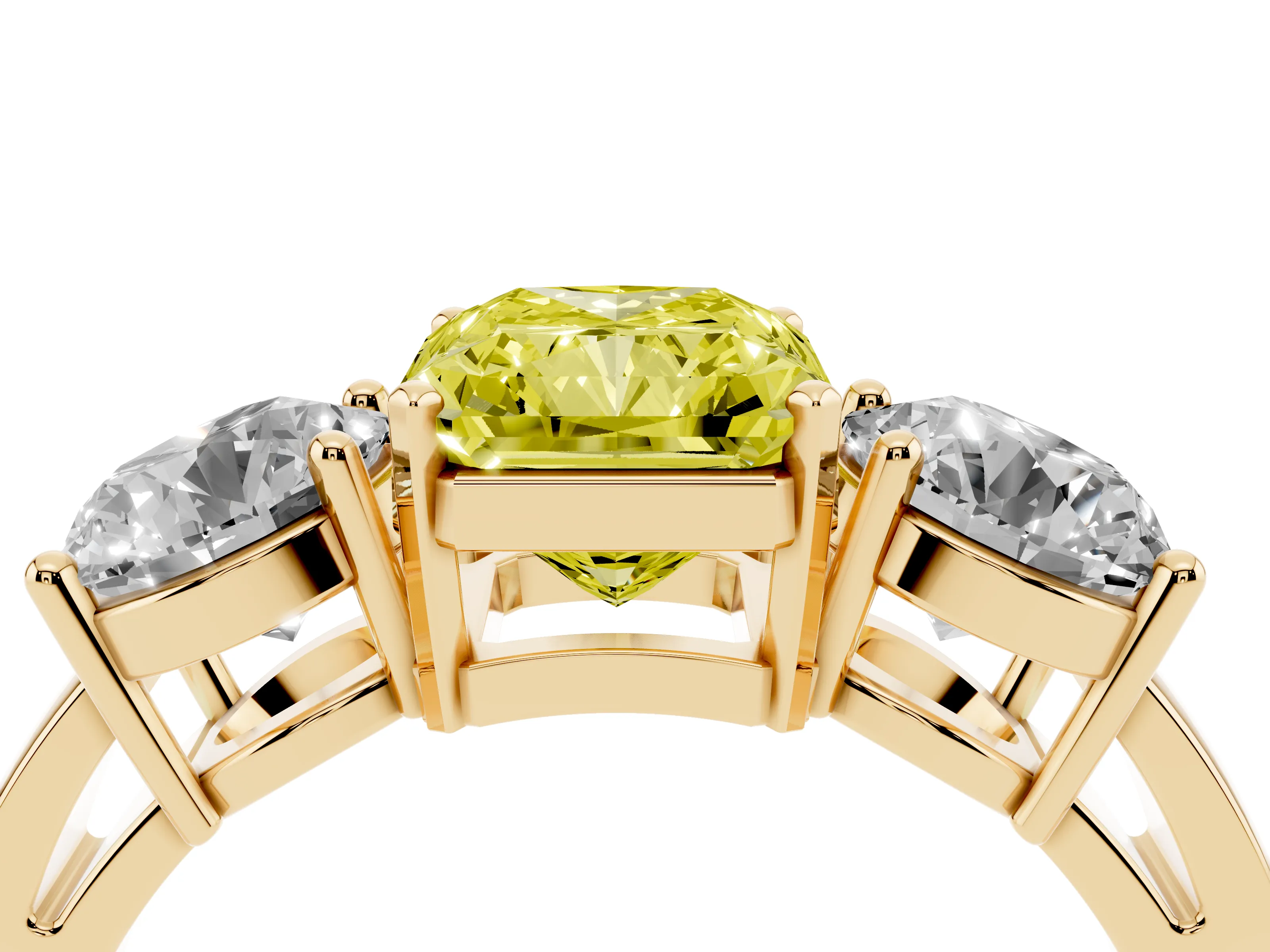 Fancy Yellow Radiant Cut Diamond Three-Stone Ring Set in Yellow gold with Round Side Stones and Classic Band