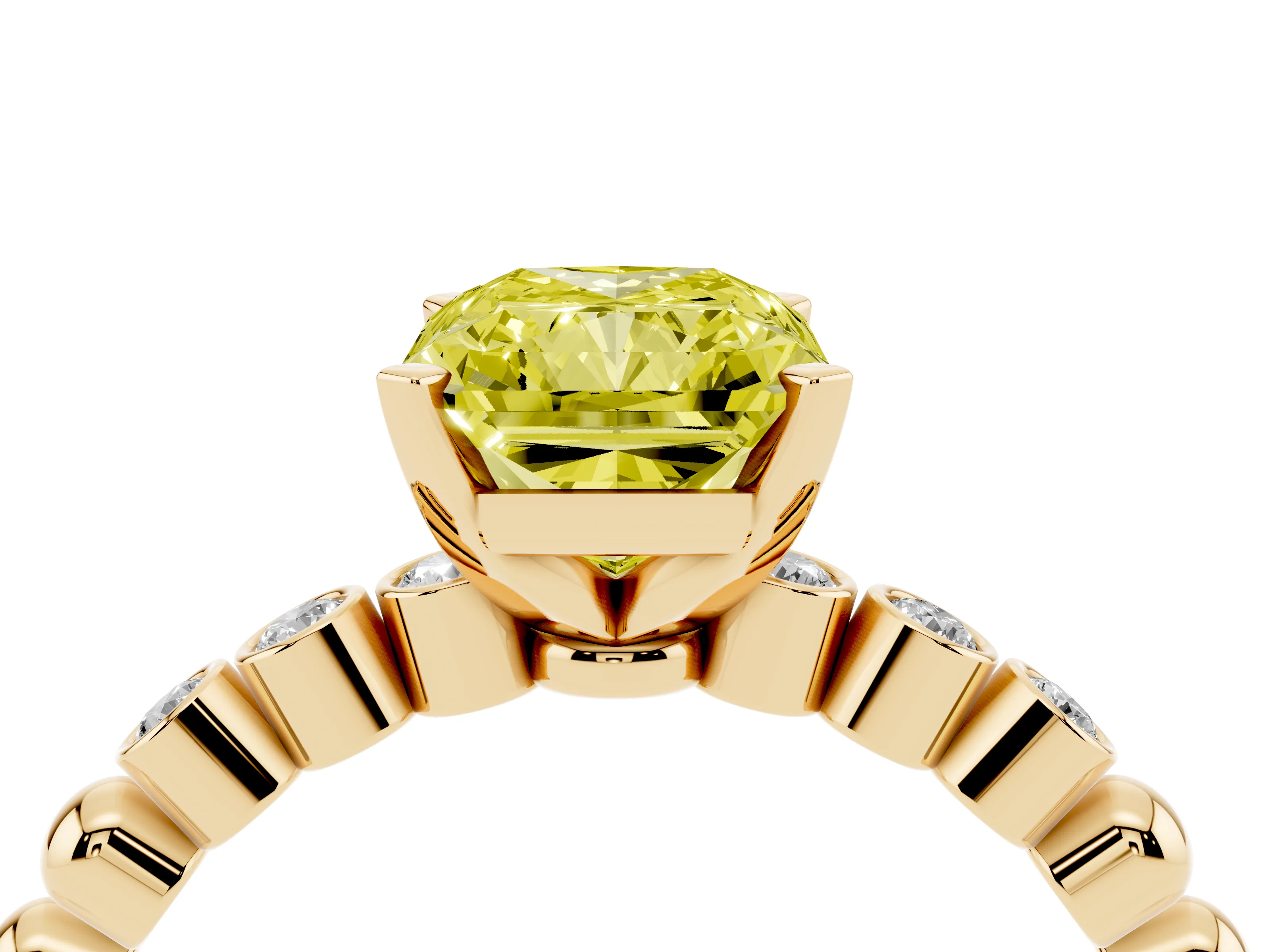 Fancy Yellow Radiant Cut Diamond Solitaire Engagement Ring Set in Yellow gold with Bezel Accents on Beaded Band