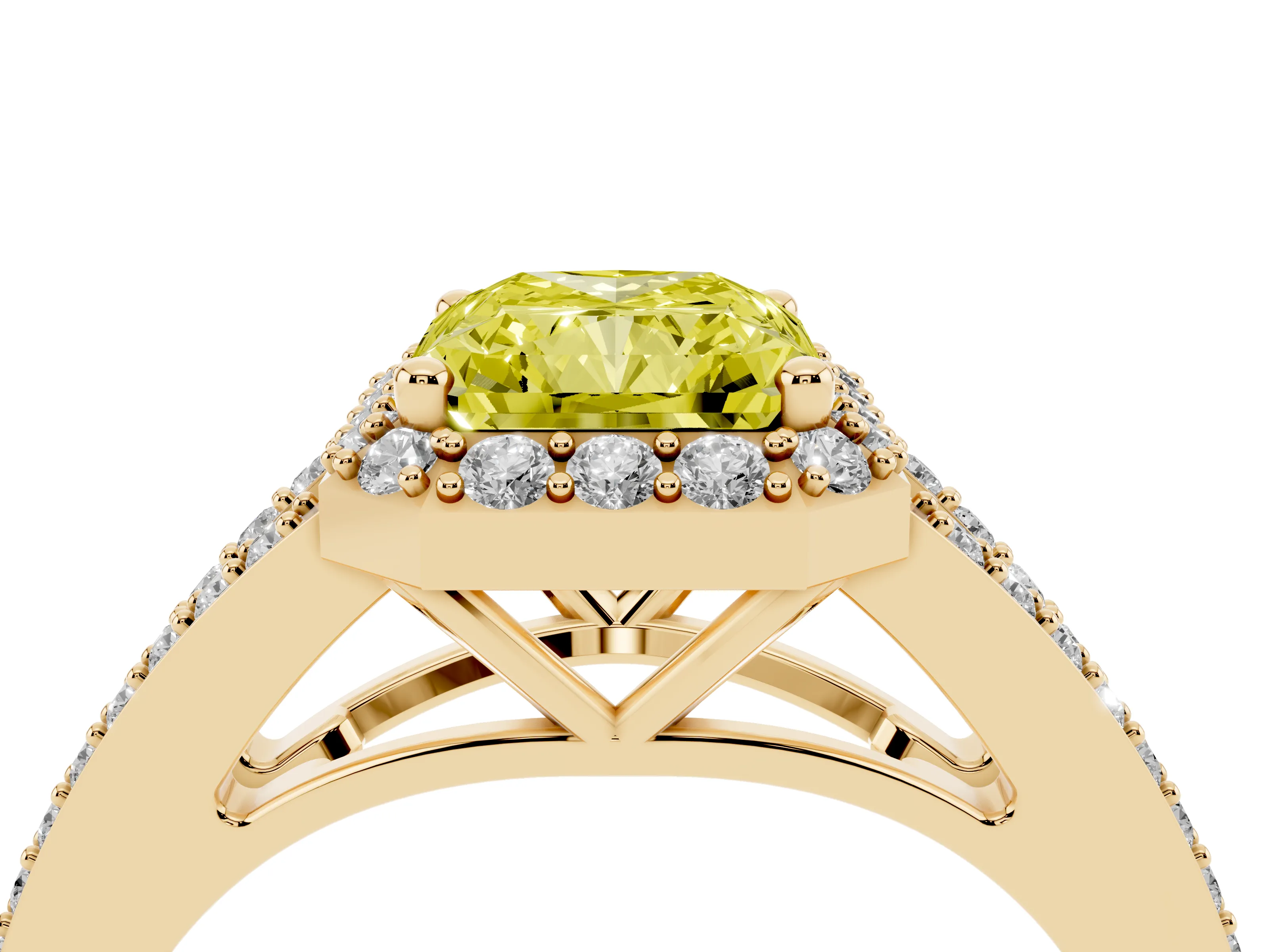 Fancy Yellow Radiant Cut Diamond Halo Split Shank Pavé Ring Set in Yellow gold with Prong Setting