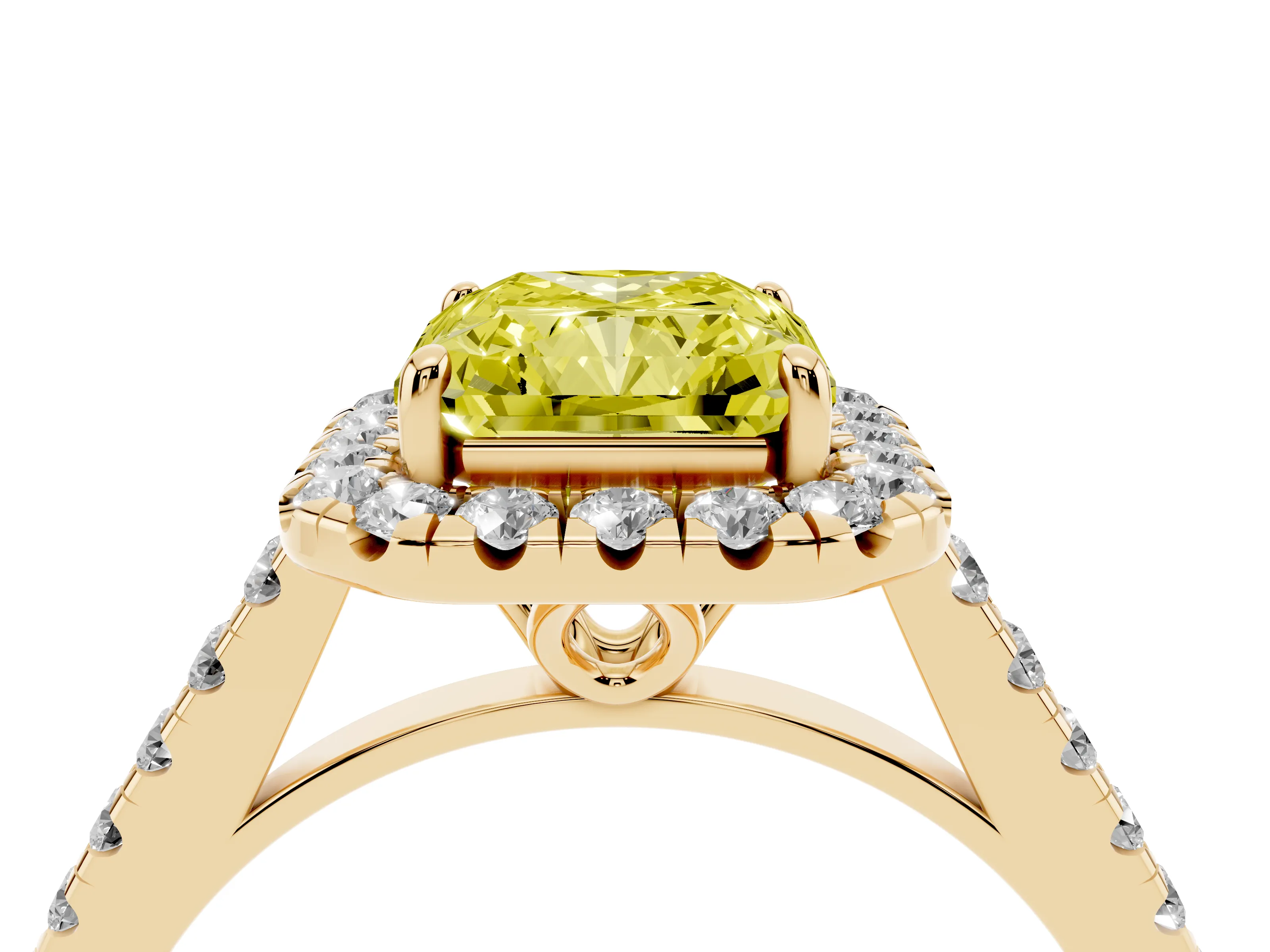 Fancy Yellow Radiant Cut Diamond Pavé Halo Engagement Ring Set in Yellow gold with Pavé Band and Prong Setting