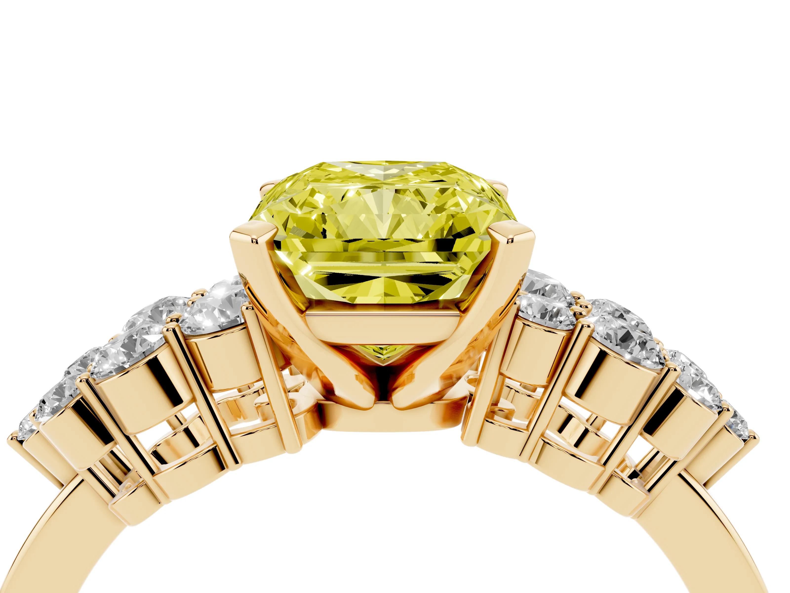 Fancy Yellow Radiant Cut Diamond Cluster Engagement Ring Set in Yellow gold with Pavé Band and Prong Setting