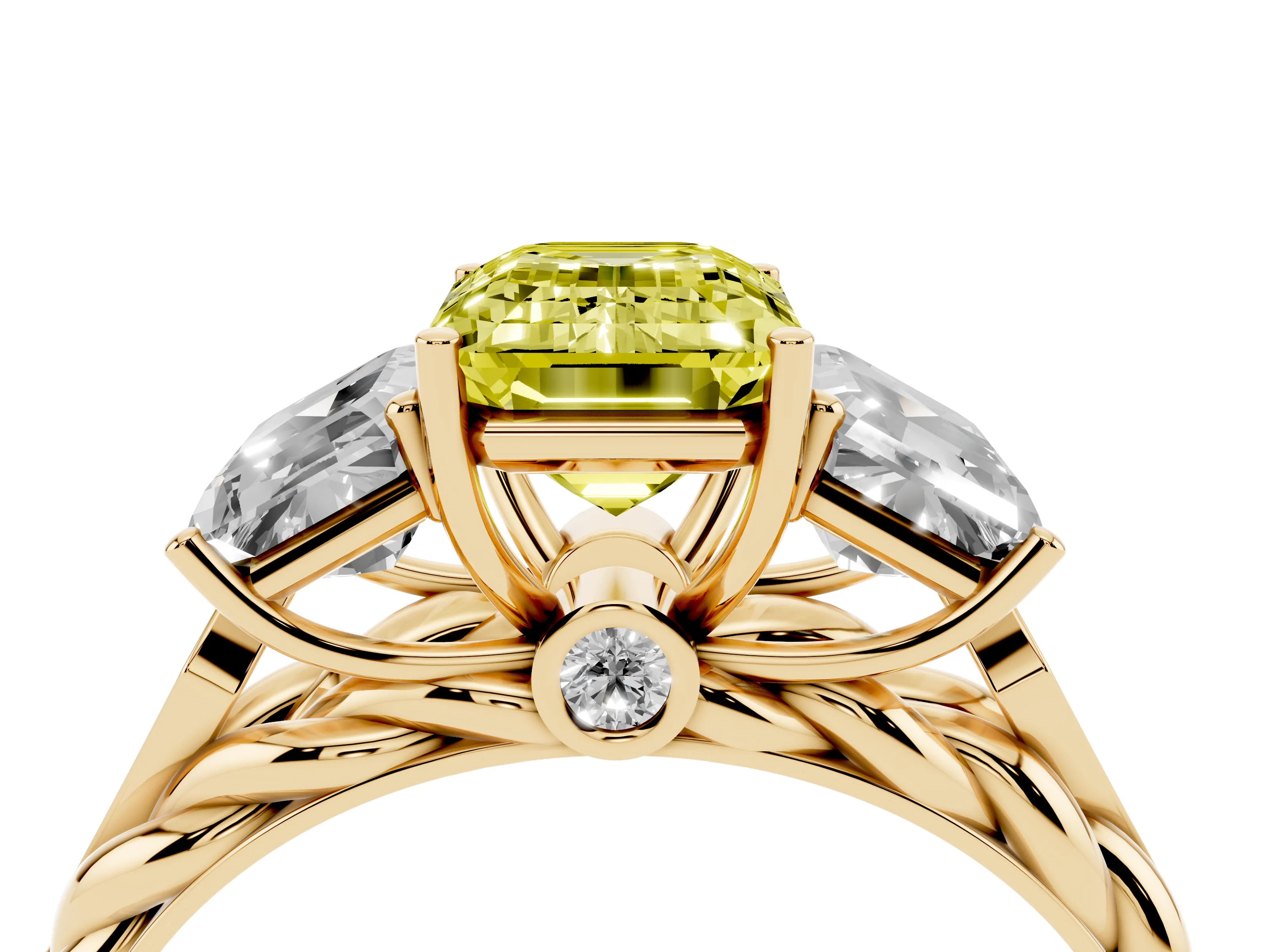 Fancy Yellow Radiant Cut Diamond Three-Stone Ring Set in Yellow gold with Braided Band