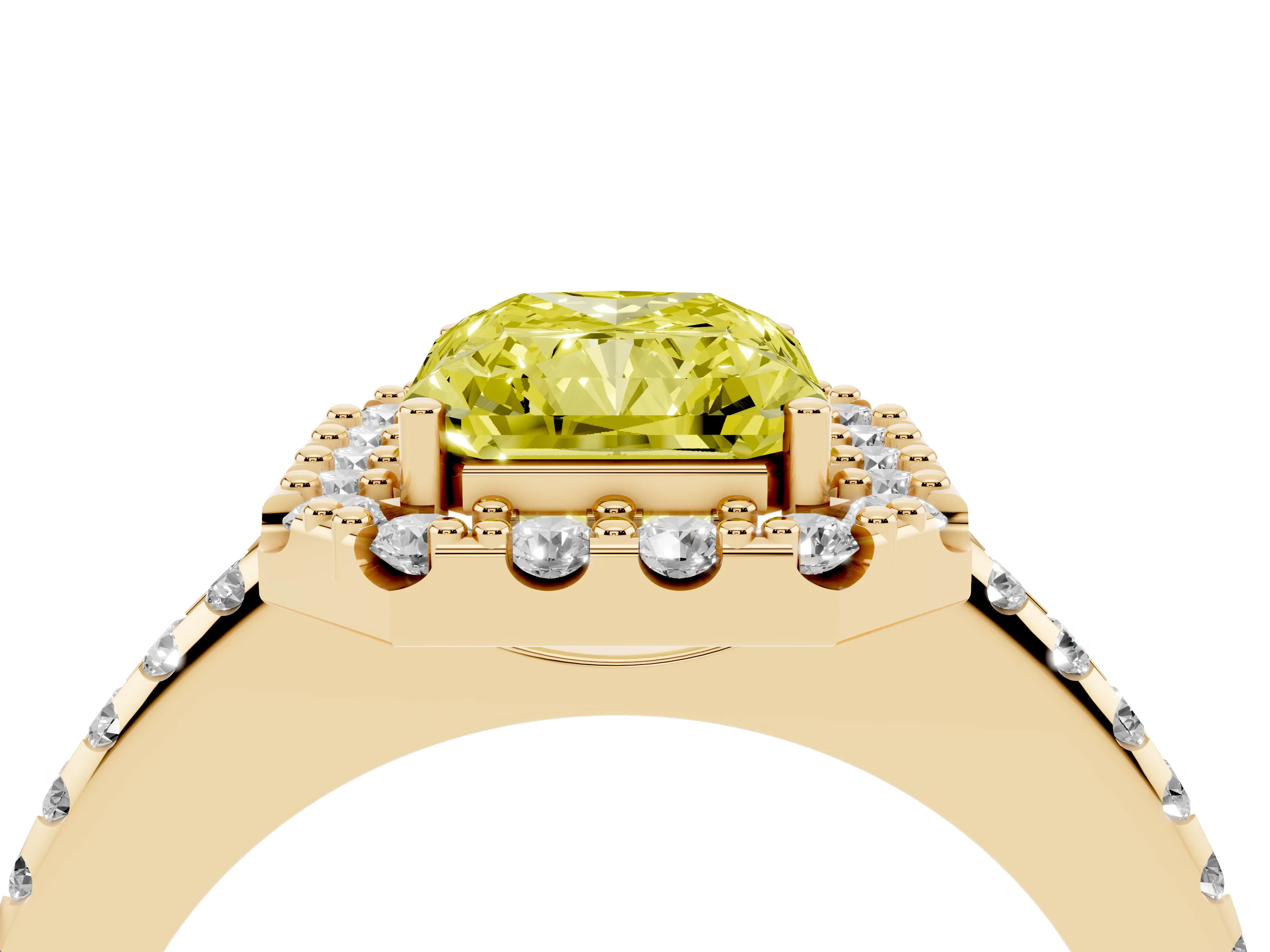 Fancy Yellow Radiant Cut Diamond Pavé Halo Ring Set in Yellow gold with Prong Setting