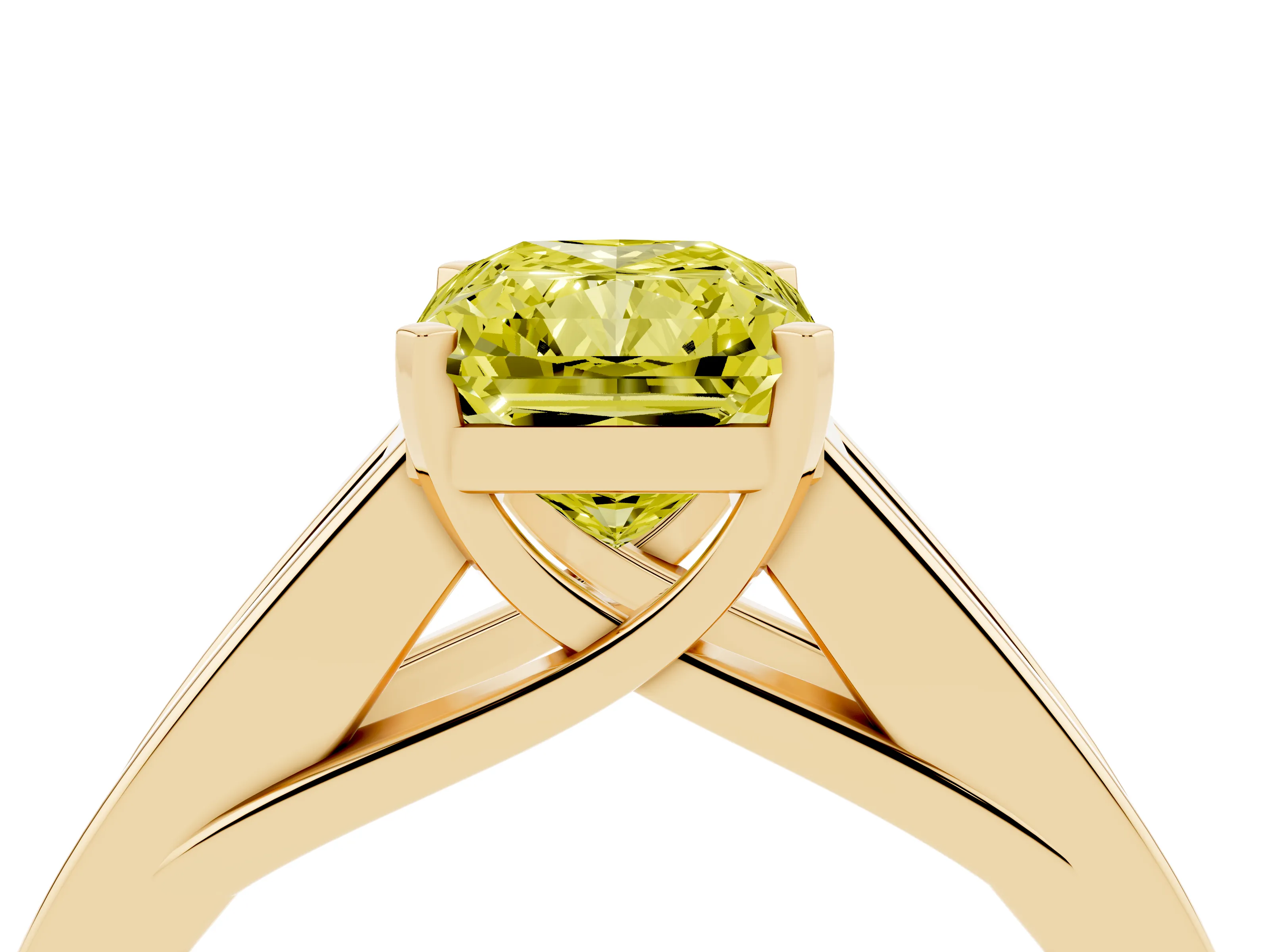 Fancy Yellow Radiant Cut Diamond Solitaire Ring Set in Yellow gold with Channel-Set Accent Stones and Prong Setting