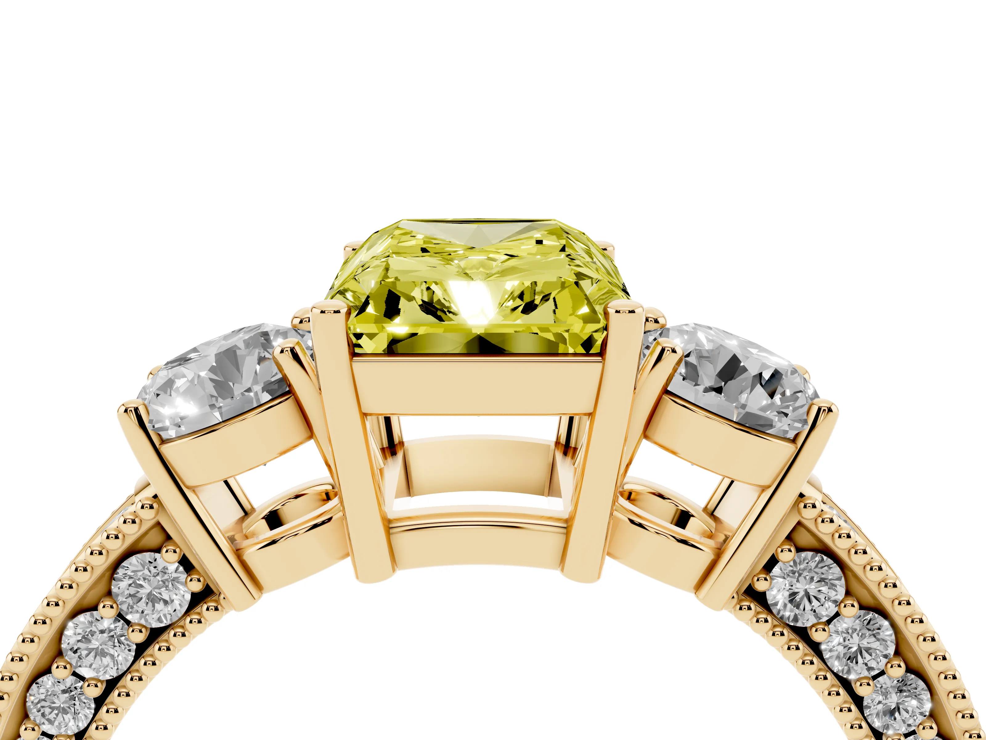 Fancy Yellow Radiant Cut Diamond Three-Stone Ring Set in Yellow gold with Round Side Stones and Pavé Band