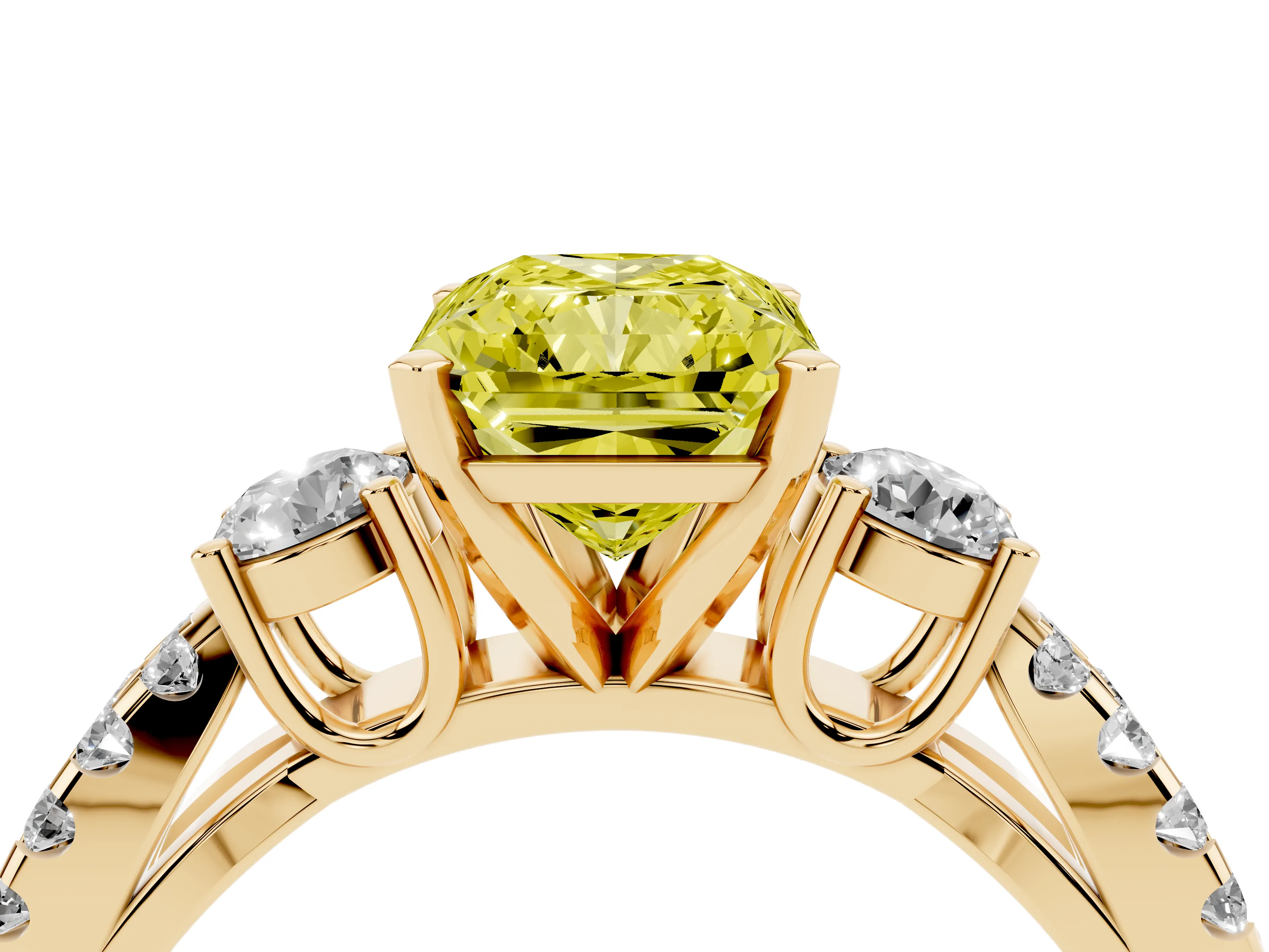 Fancy Yellow Radiant Cut Diamond Three-Stone Ring Set in Yellow gold with Pavé Split Shank and Prong Setting
