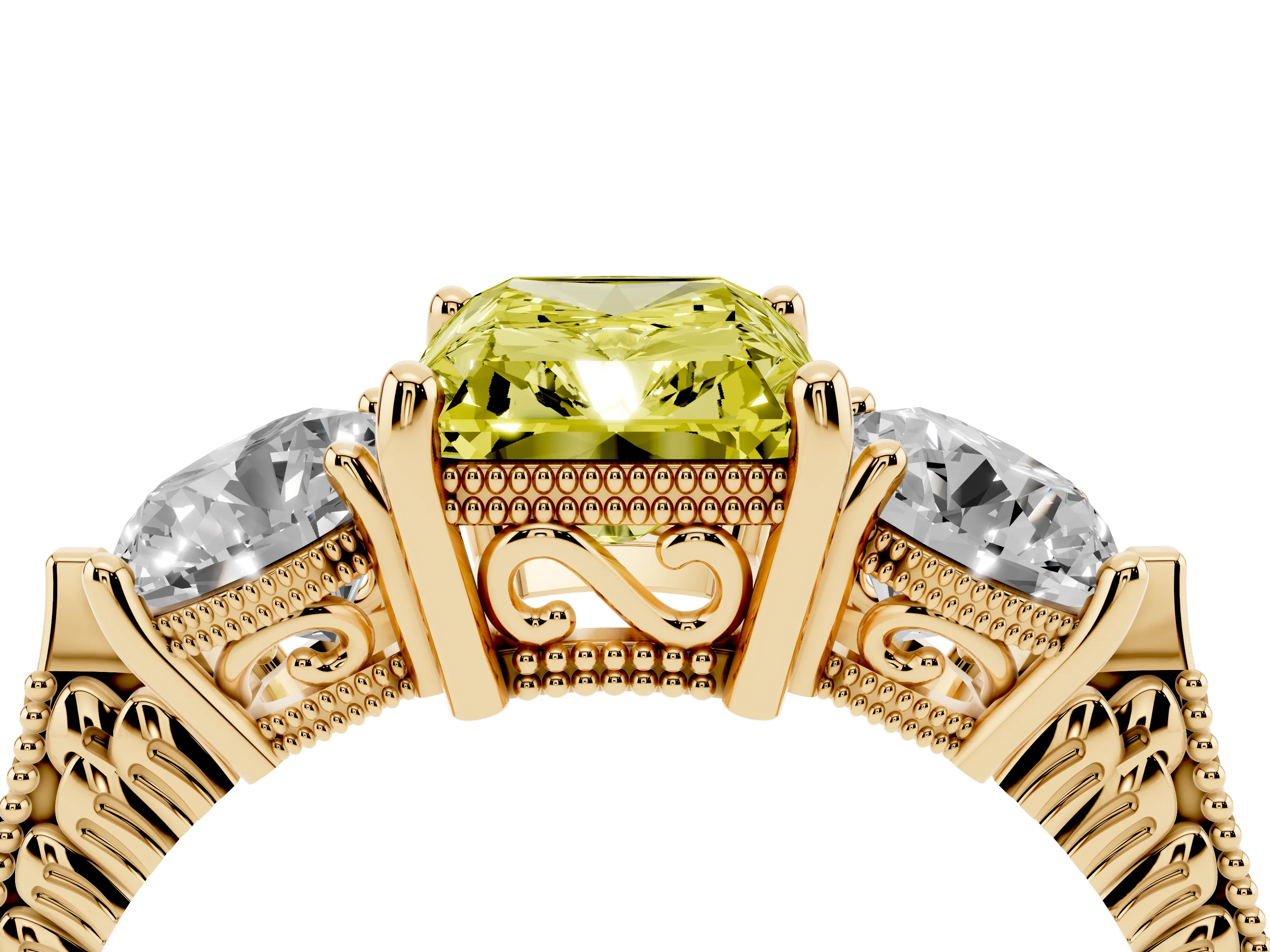 Fancy Yellow Radiant Cut Diamond Three-Stone Ring Set in Yellow gold with Milgrain Band