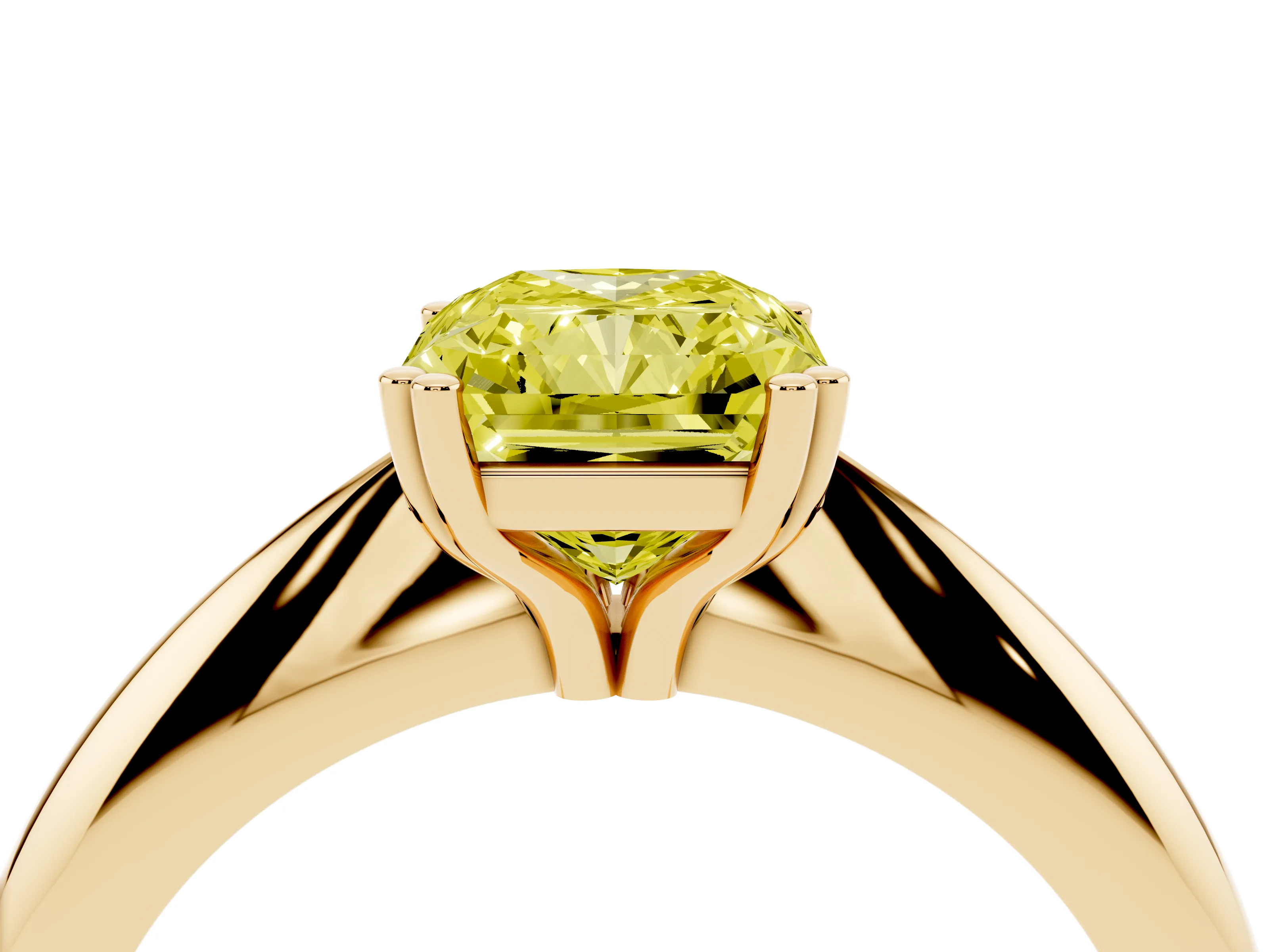 Fancy Yellow Radiant Cut Diamond Solitaire Engagement Ring Set in Yellow gold with Tapered Band and Prong Setting