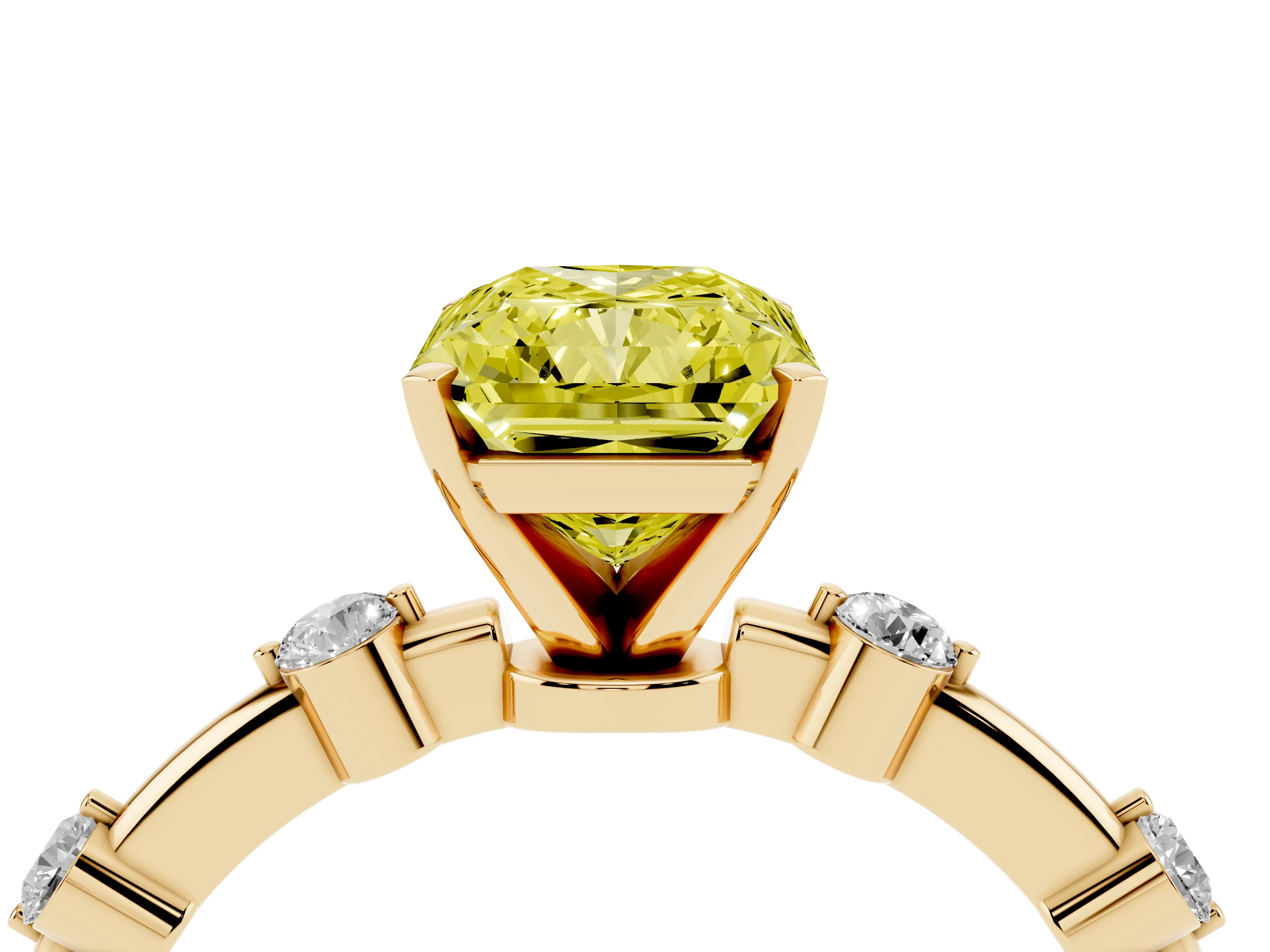 Fancy Yellow Radiant Cut Diamond Solitaire Ring Set in Yellow gold with Bezel Set Side Stones and Prong Setting