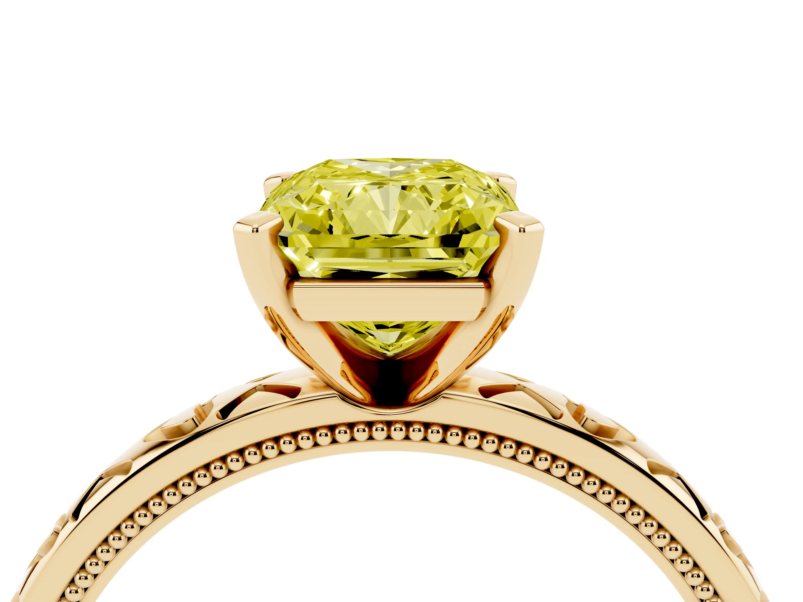 Fancy Yellow Radiant Cut Diamond Solitaire Engagement Ring Set in Yellow gold with XO Engraved Band and Prong Setting