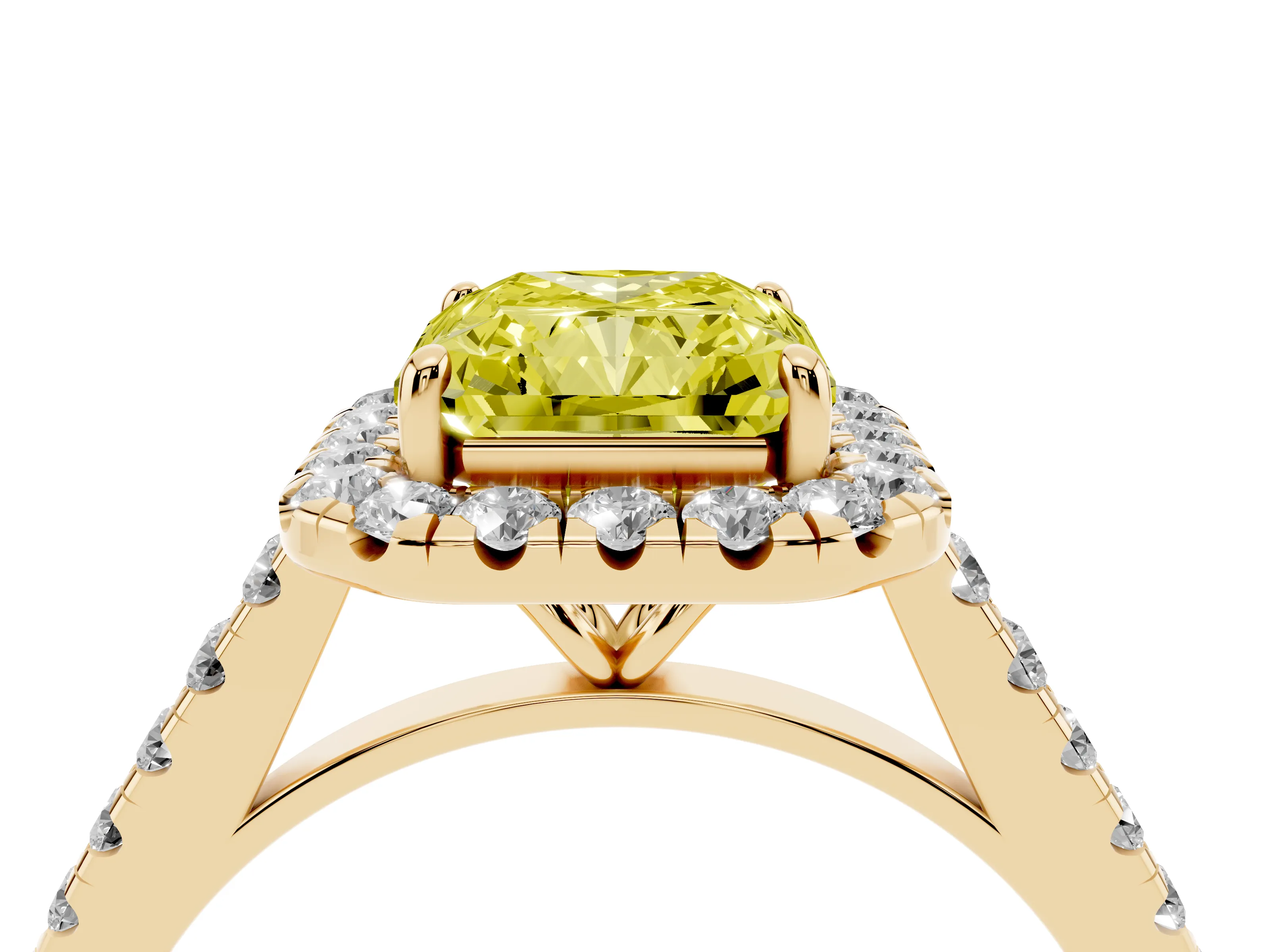 Fancy Yellow Radiant Cut Diamond Halo Pavé Engagement Ring Set in Yellow gold with Prong Setting