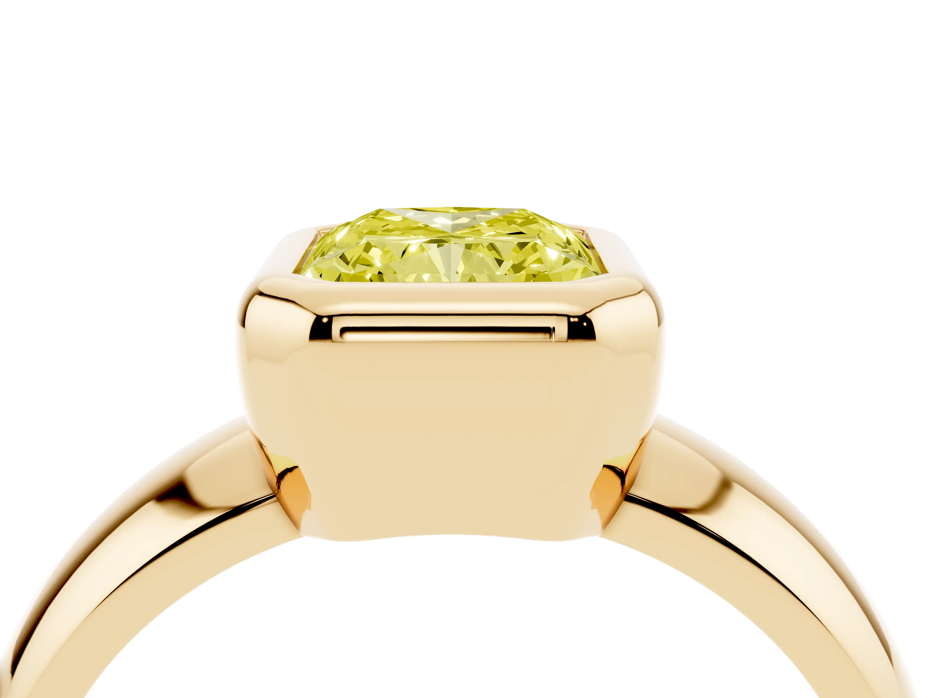 Fancy Yellow Bezel Set Radiant Cut Diamond Solitaire Ring Set in Yellow gold with Wide Band