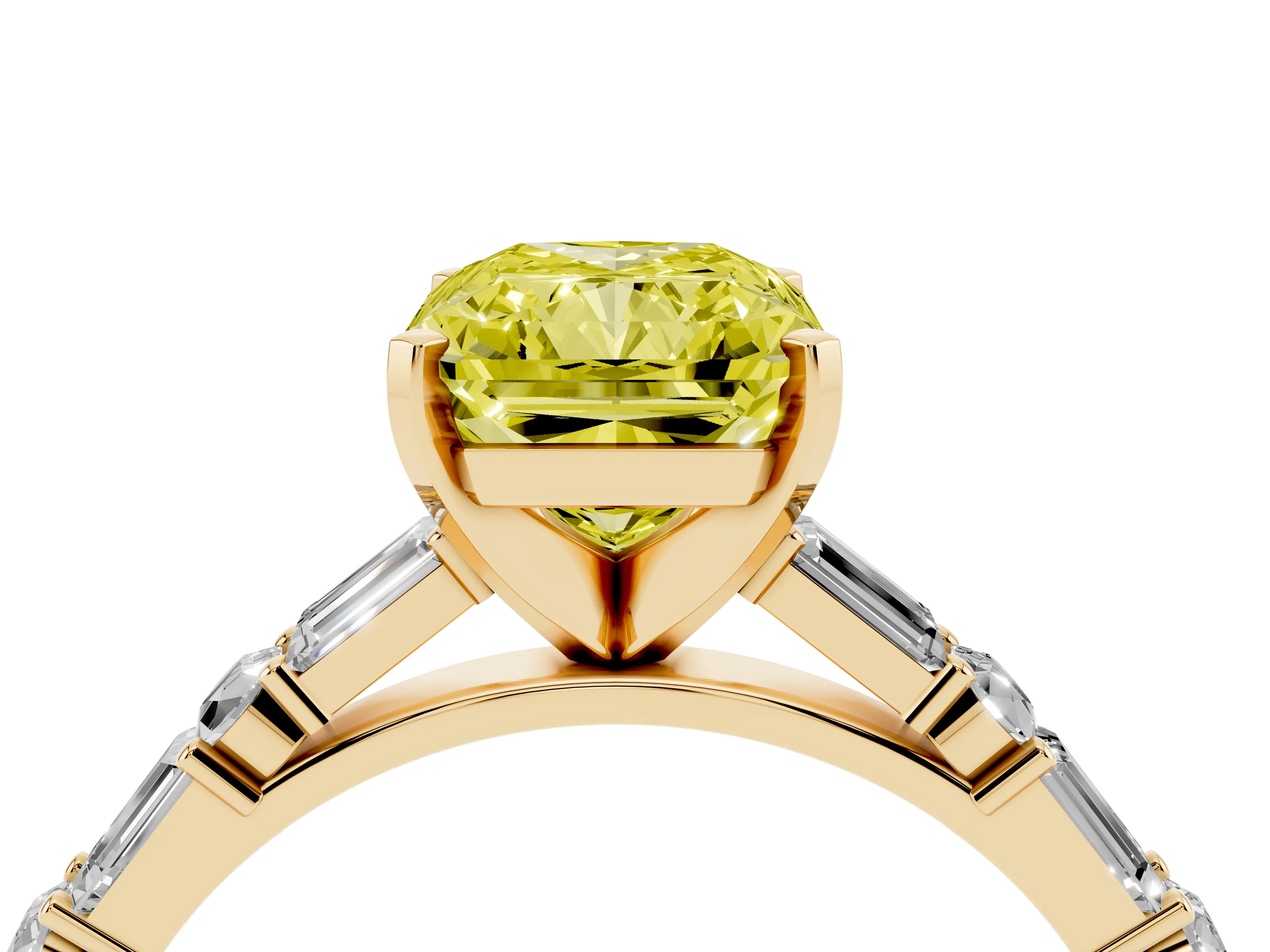Fancy Yellow Radiant Cut Diamond Solitaire Set in Yellow gold with Side Baguettes and Channel Set Band