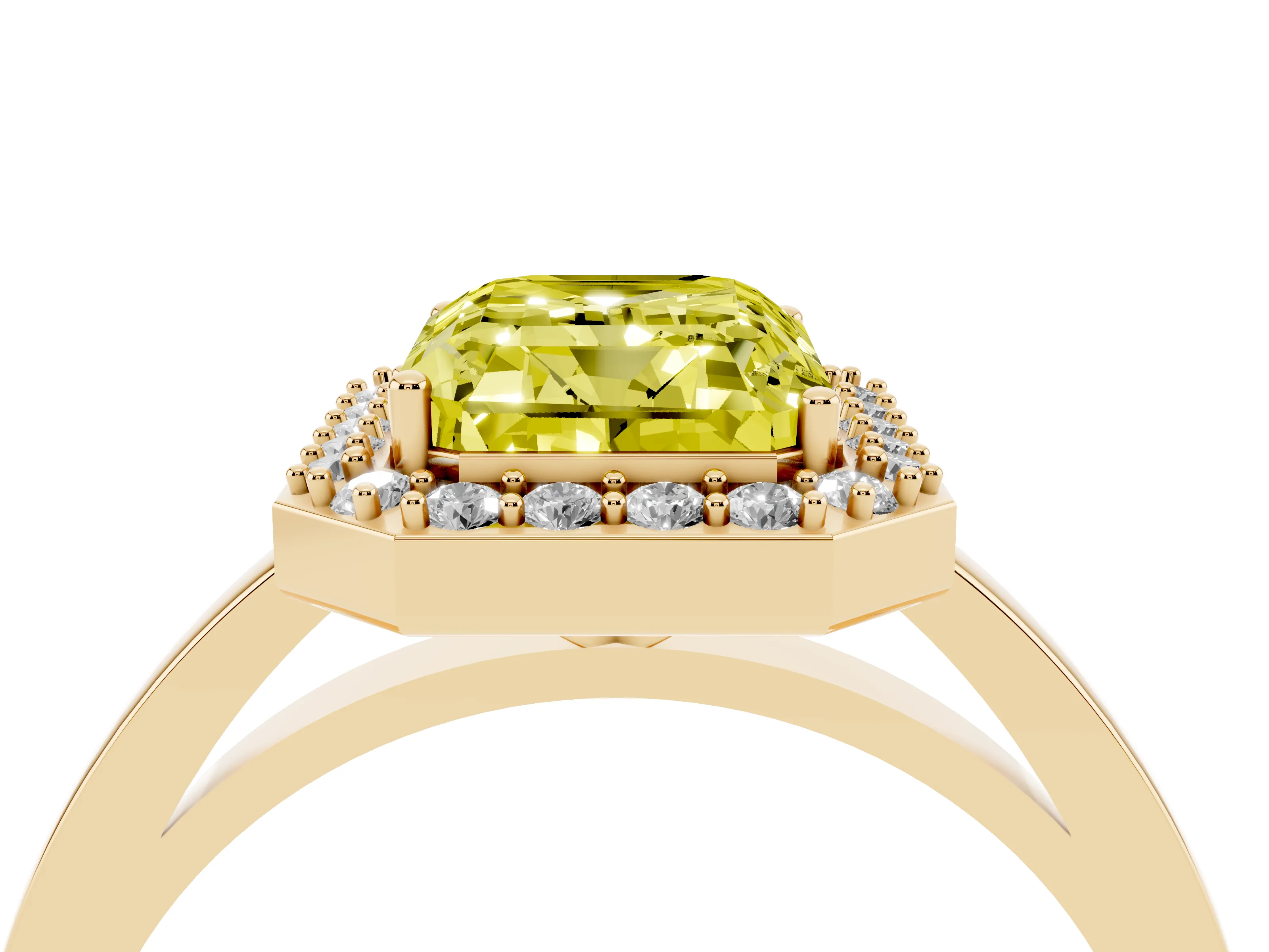 Fancy Yellow Radiant Cut Diamond Halo Ring Set in Yellow gold with Solitaire Band and Prong Setting