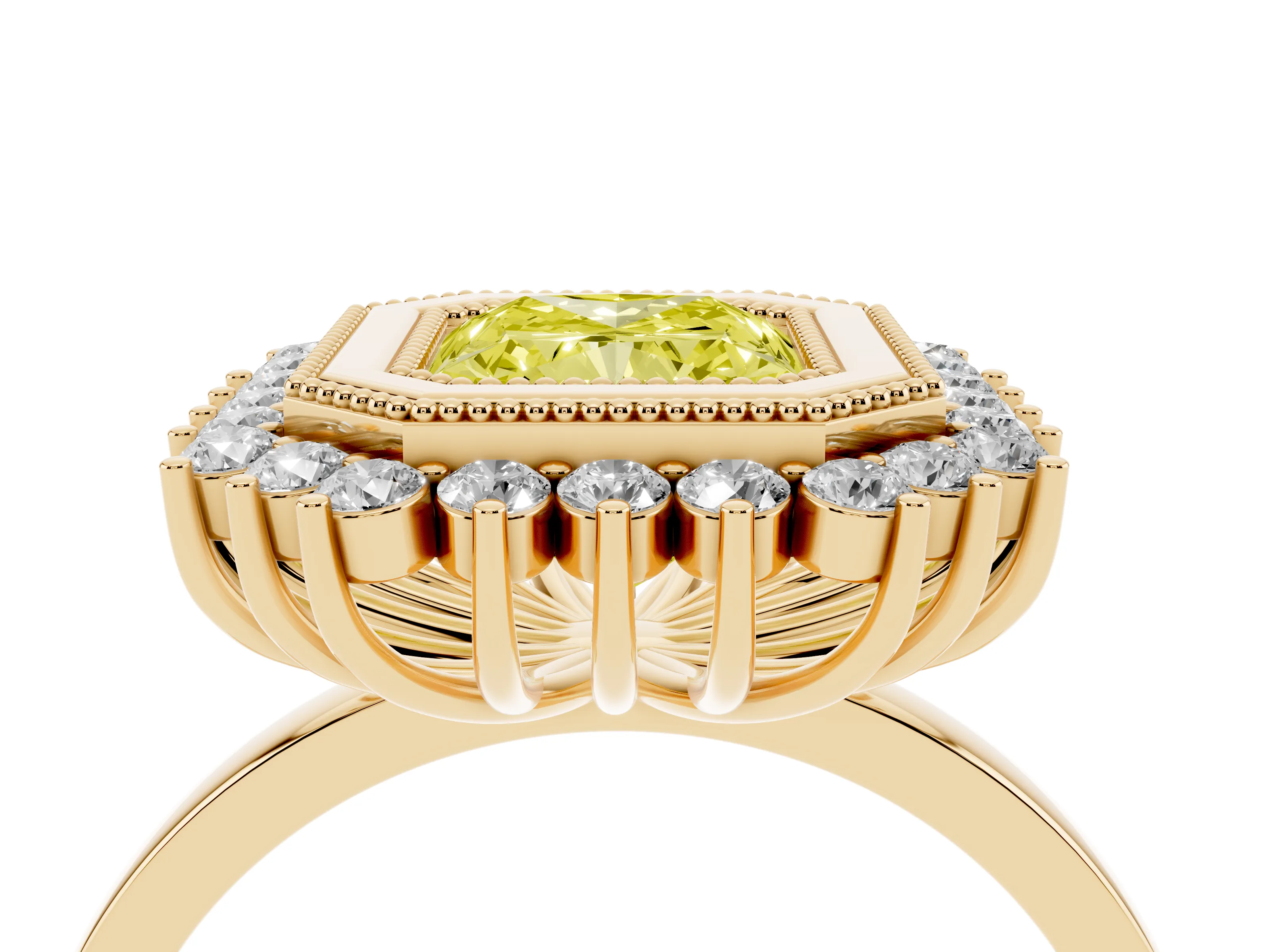Fancy Yellow Radiant Cut Diamond Halo Ring Set in Yellow gold with Milgrain Edge and Round Prong Setting