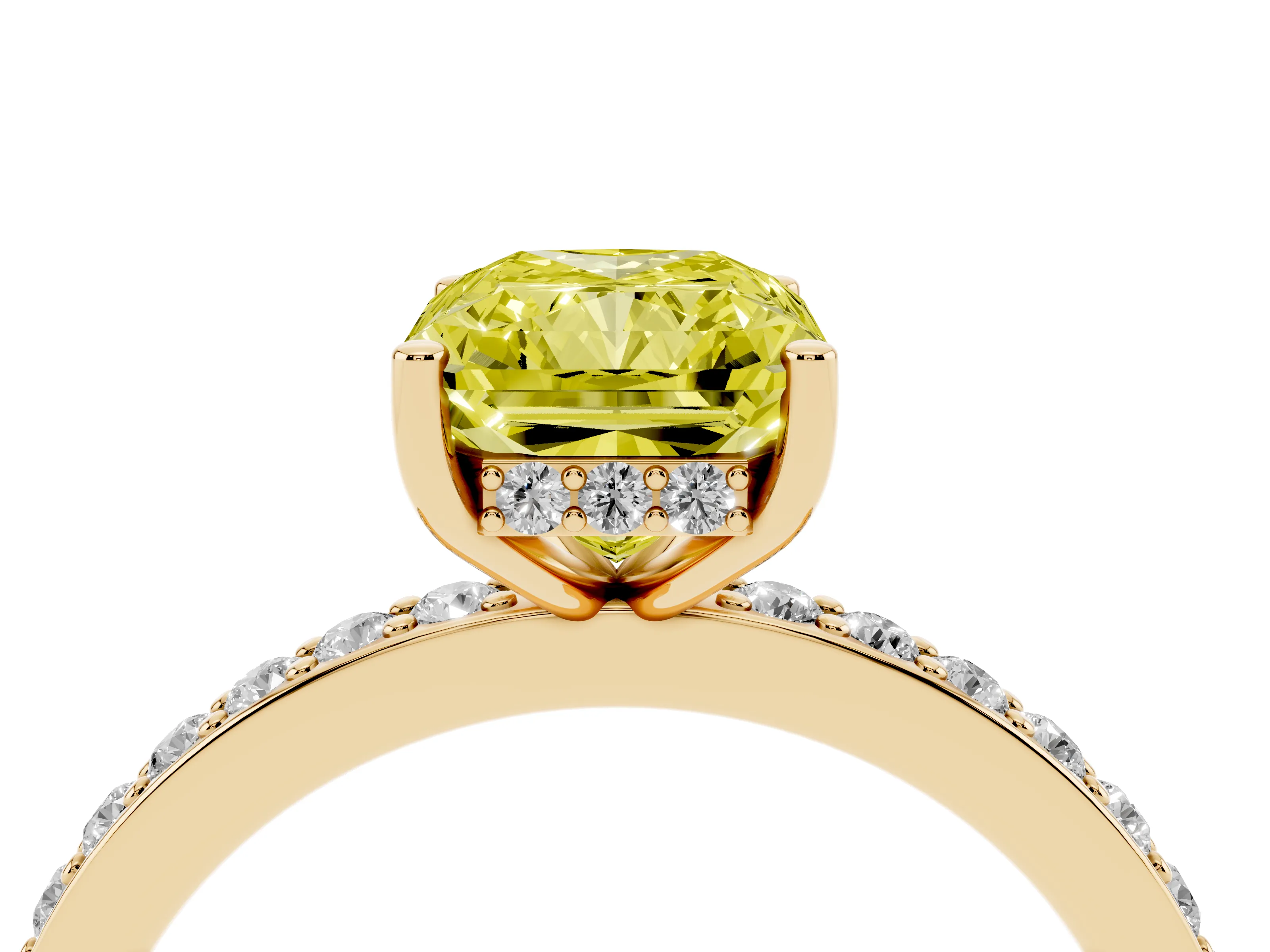 Fancy Yellow Radiant Cut Diamond Pavé Band Ring Set in Yellow gold with Prong-Set Center Stone