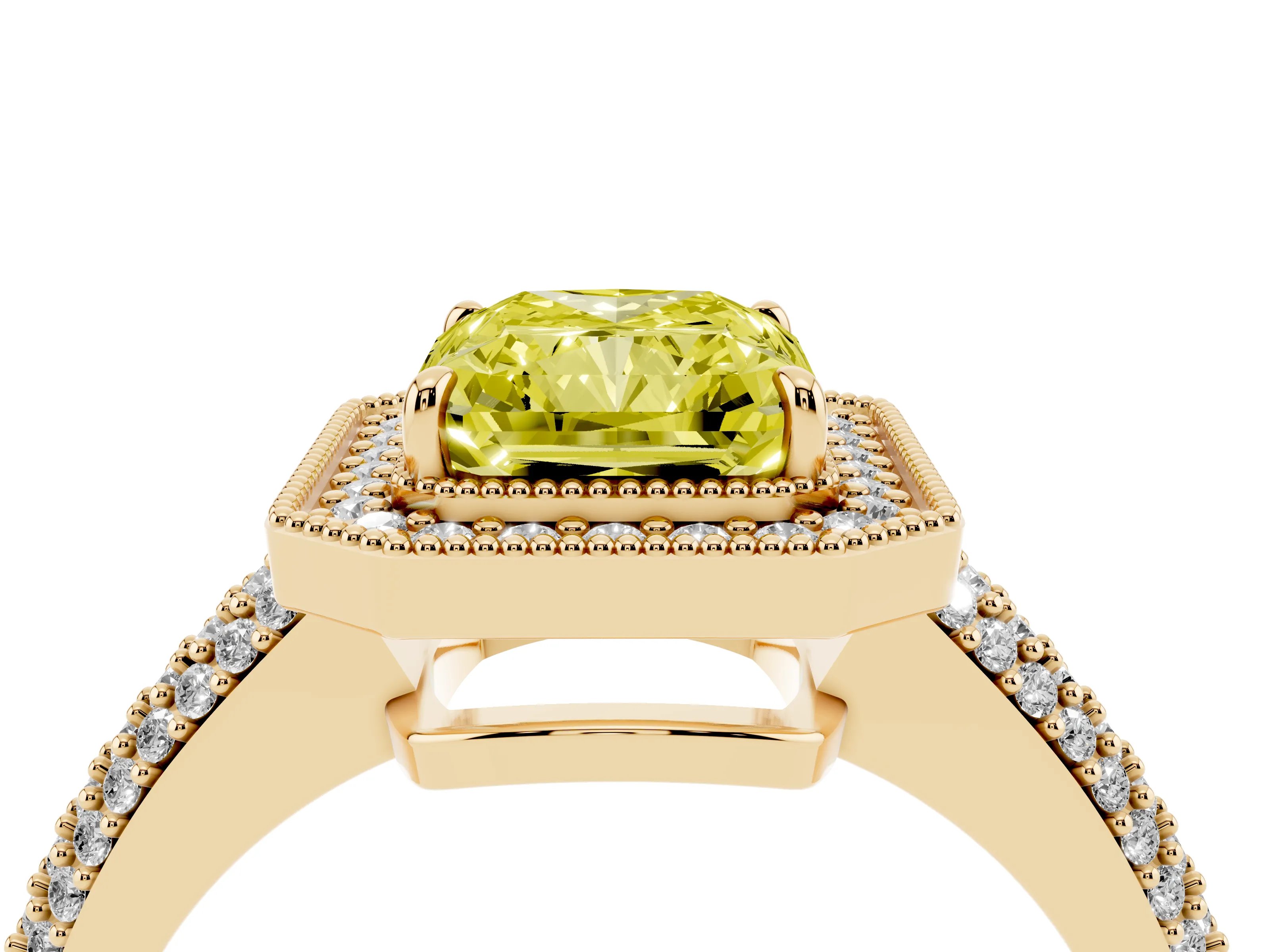 Fancy Yellow Radiant Cut Diamond Halo Pavé Band Set in Yellow gold with Prong Setting