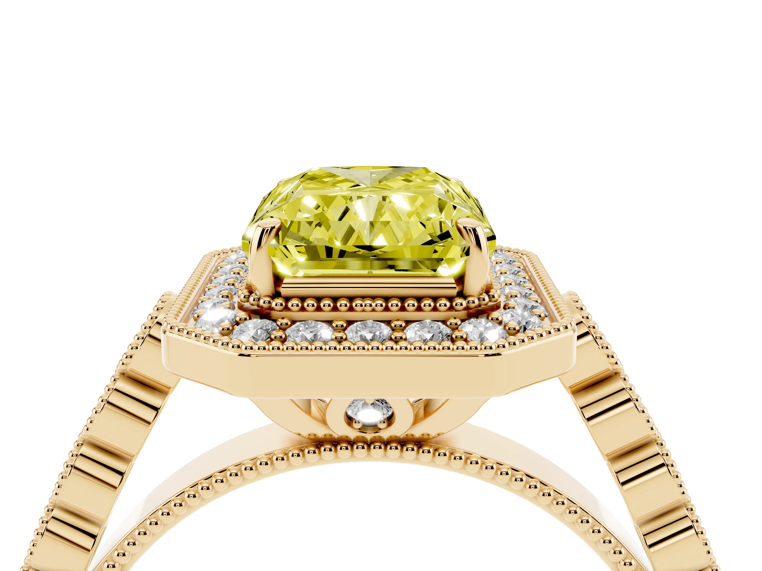 Fancy Yellow Radiant Cut Diamond Milgrain Halo Solitaire Ring Set in Yellow gold with Bezel Set Side Stones and Pavé Band