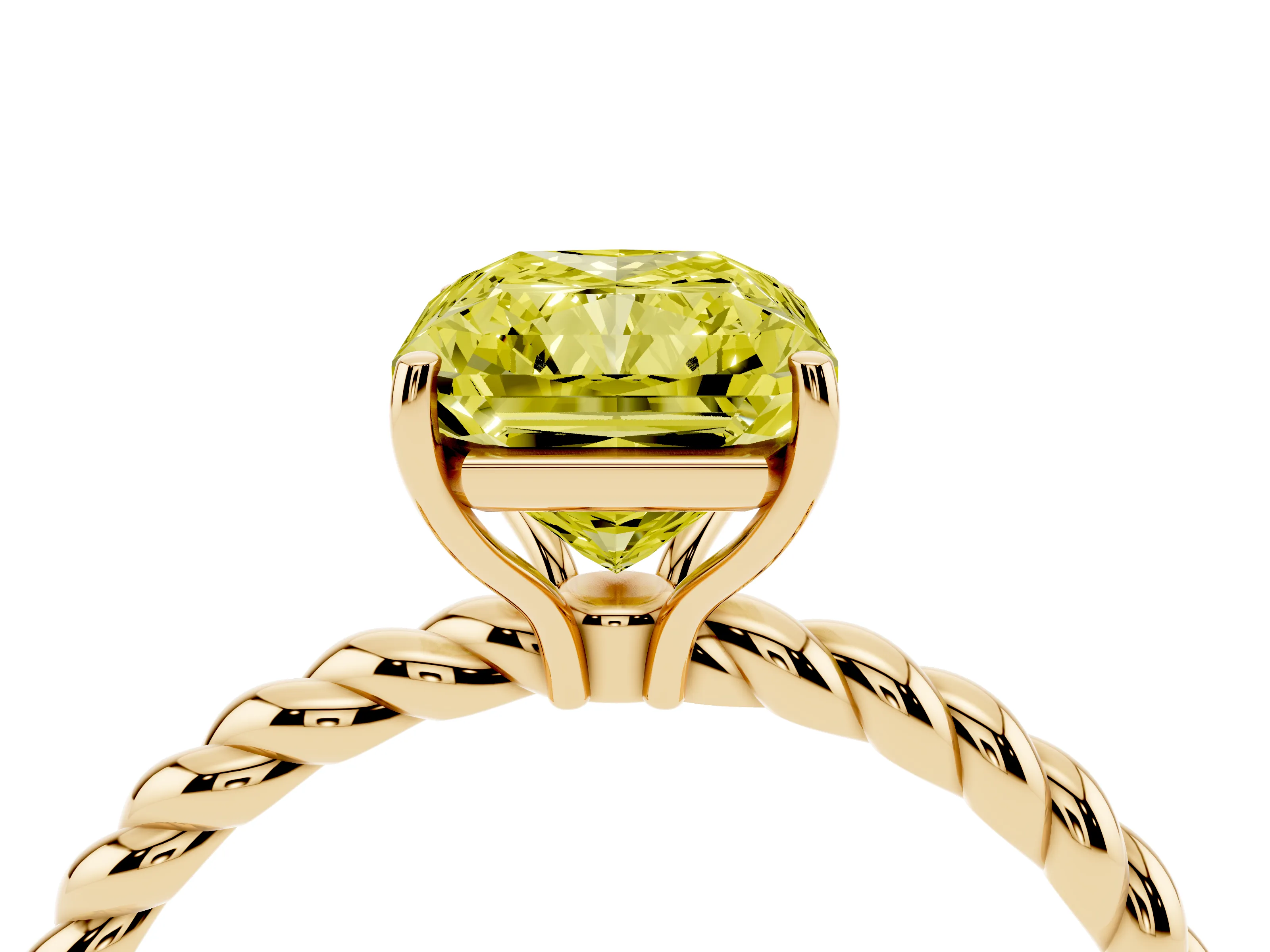Fancy Yellow Radiant Cut Diamond Solitaire Ring Set in Yellow gold with Twist Band and Prong Setting