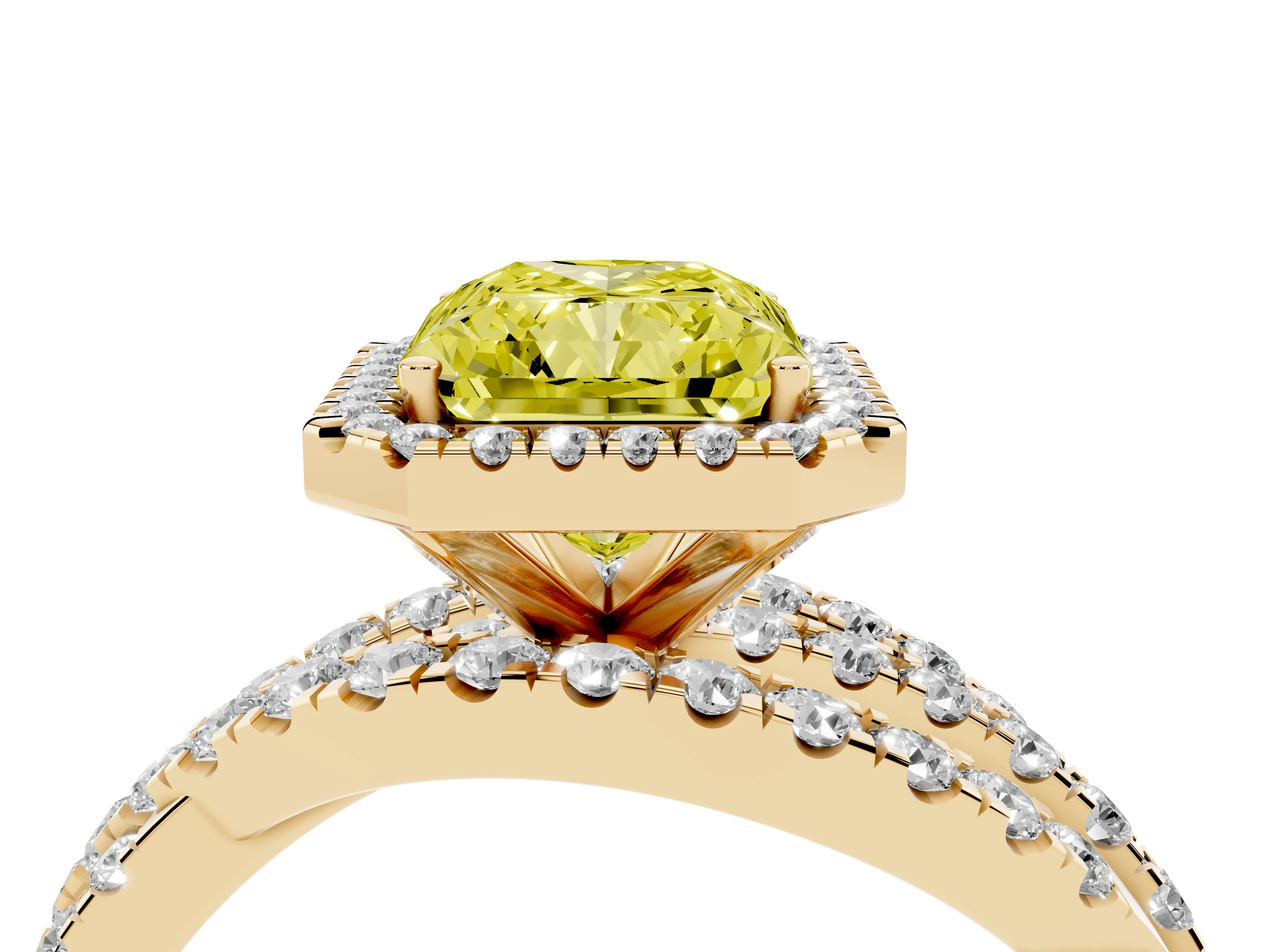 Fancy Yellow Radiant Cut Diamond Halo Ring Set in Yellow gold with Round Crossover Split Shank and Prong Setting