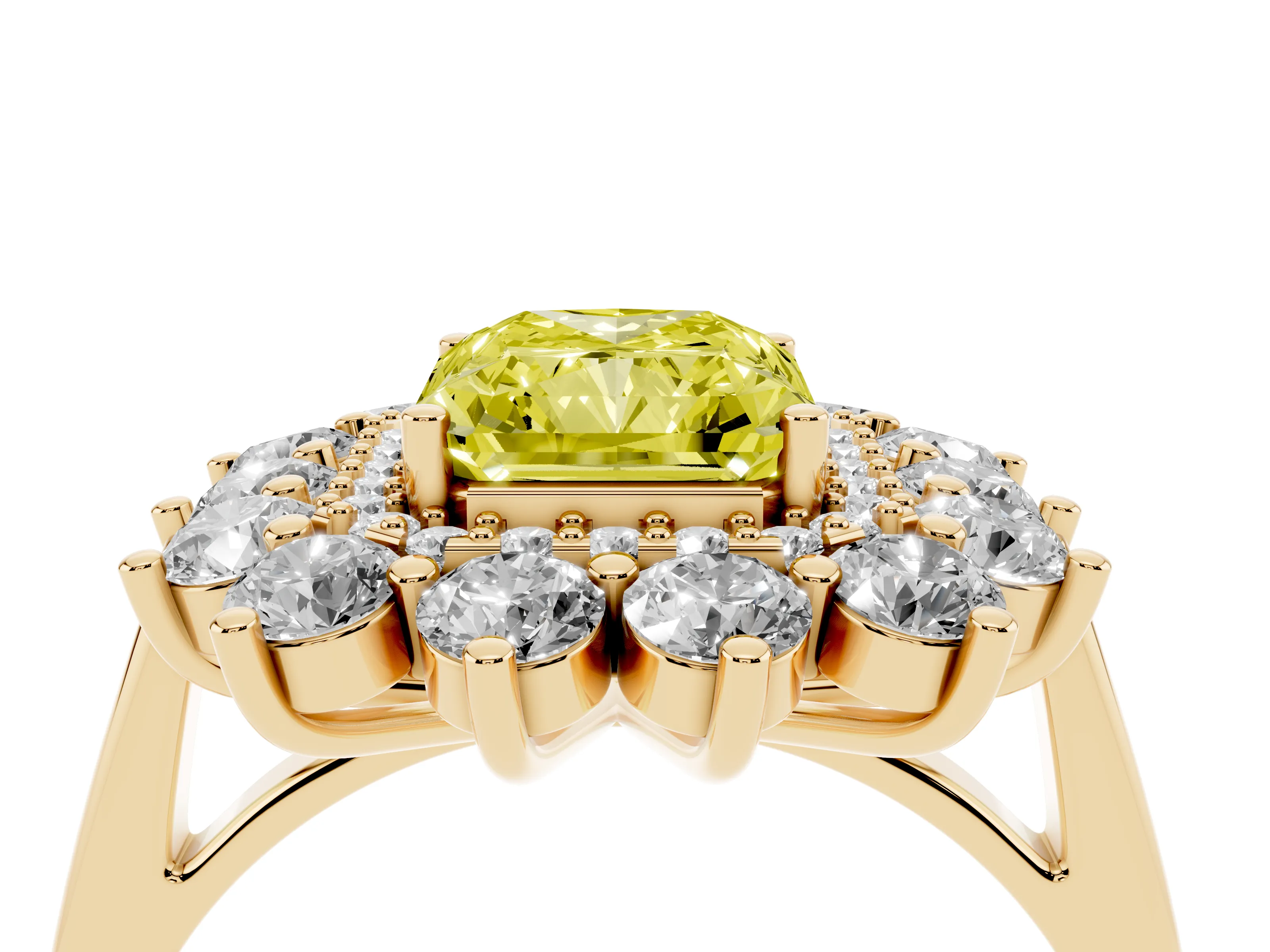 Fancy Yellow Radiant Cut Diamond Floral Double Halo Ring Set in Yellow gold with Round Petals