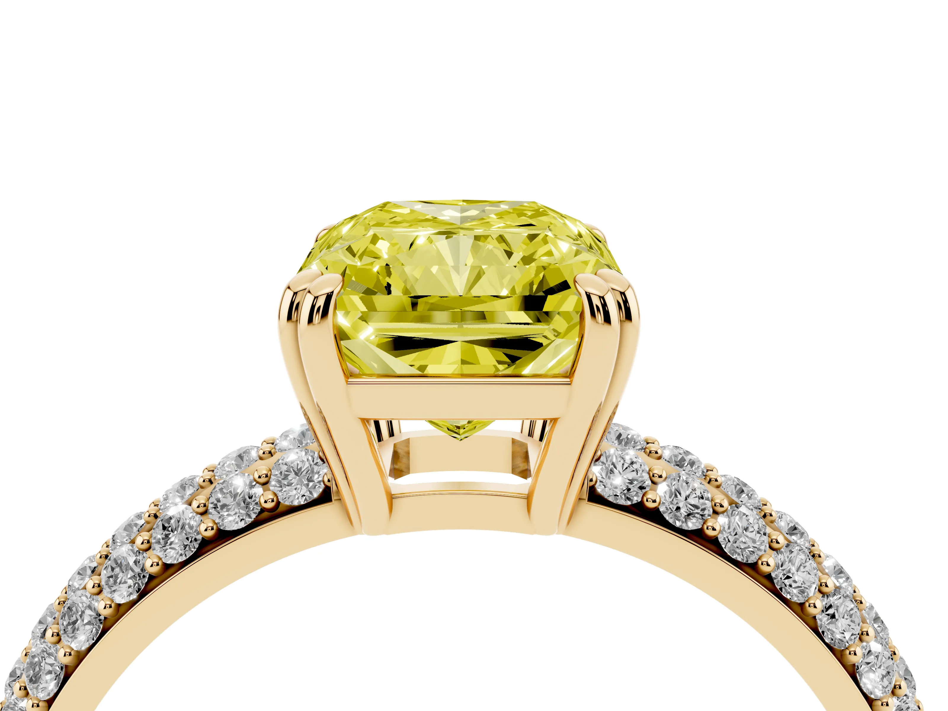 Fancy Yellow Radiant Cut Diamond Solitaire Ring Set in Yellow gold with Multi-Row Round Pavé Band and Prong Setting
