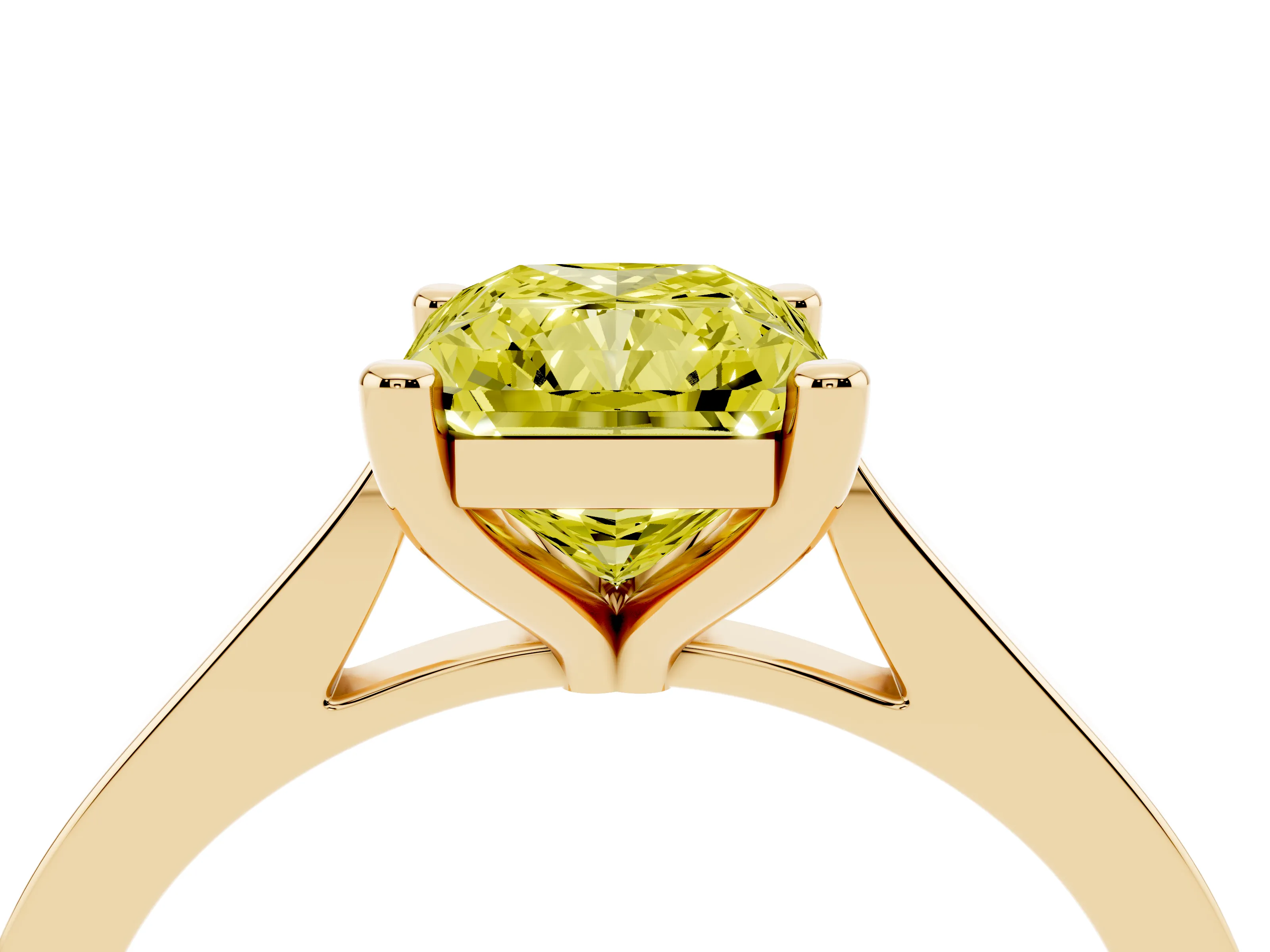 Fancy Yellow Radiant Cut Diamond Solitaire Ring Set in Yellow gold with Prong Setting and Tapered Band