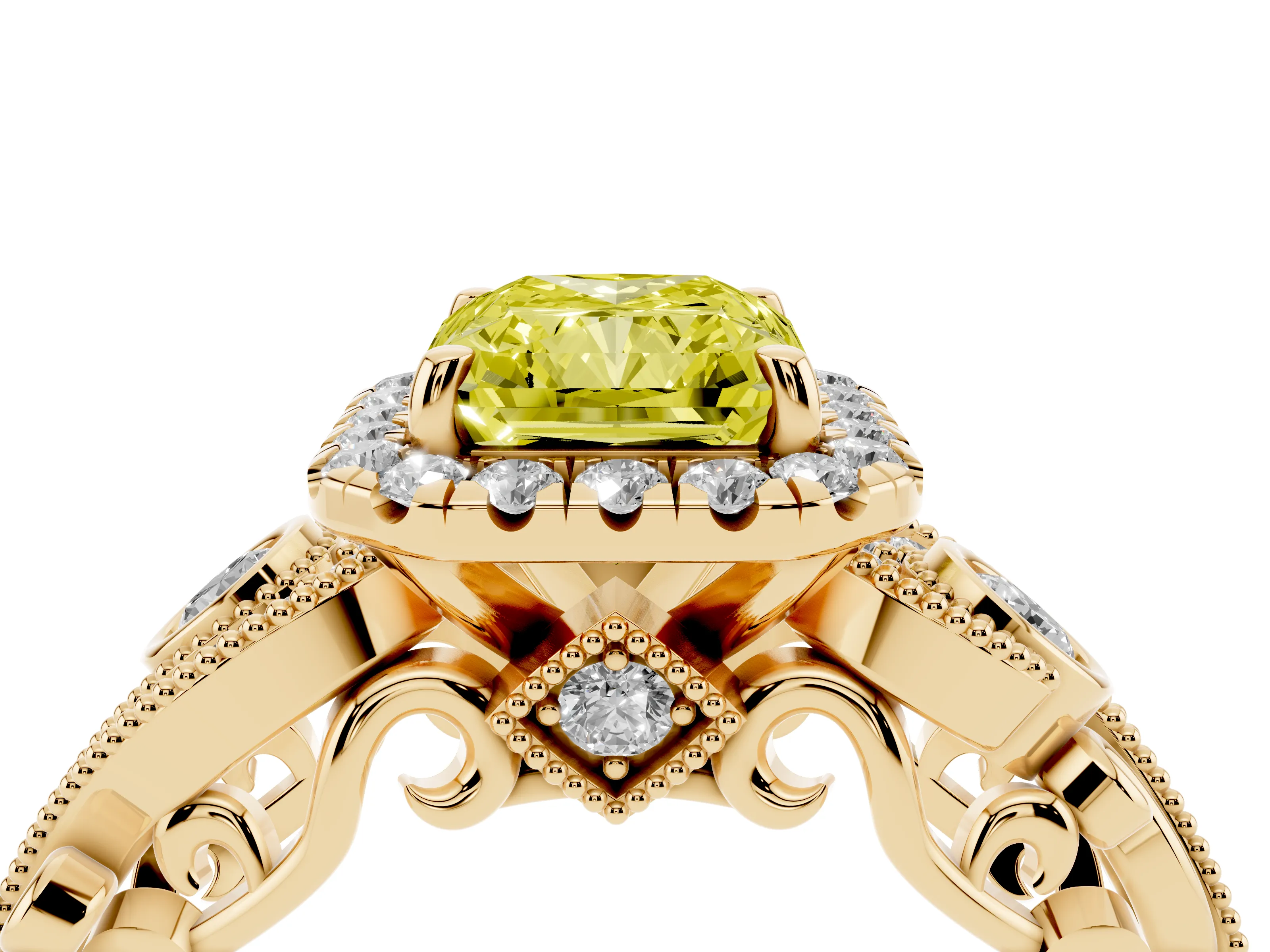 Fancy Yellow Radiant Cut Diamond Halo Ring Set in Yellow gold with Milgrain Pavé Band and Prong Setting