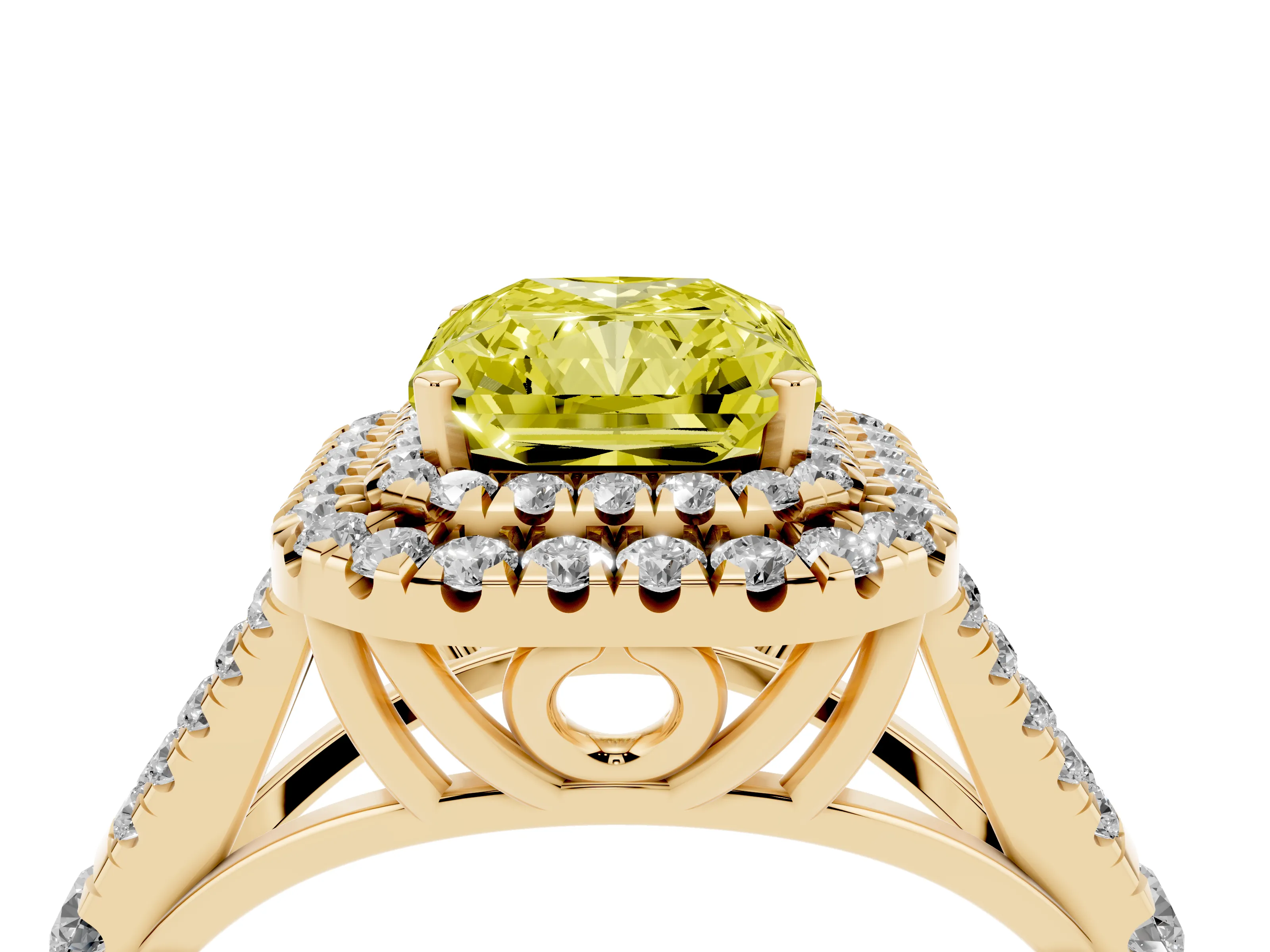Fancy Yellow Radiant Cut Diamond Pavé Split Shank Double Halo Engagement Ring Set in Yellow gold