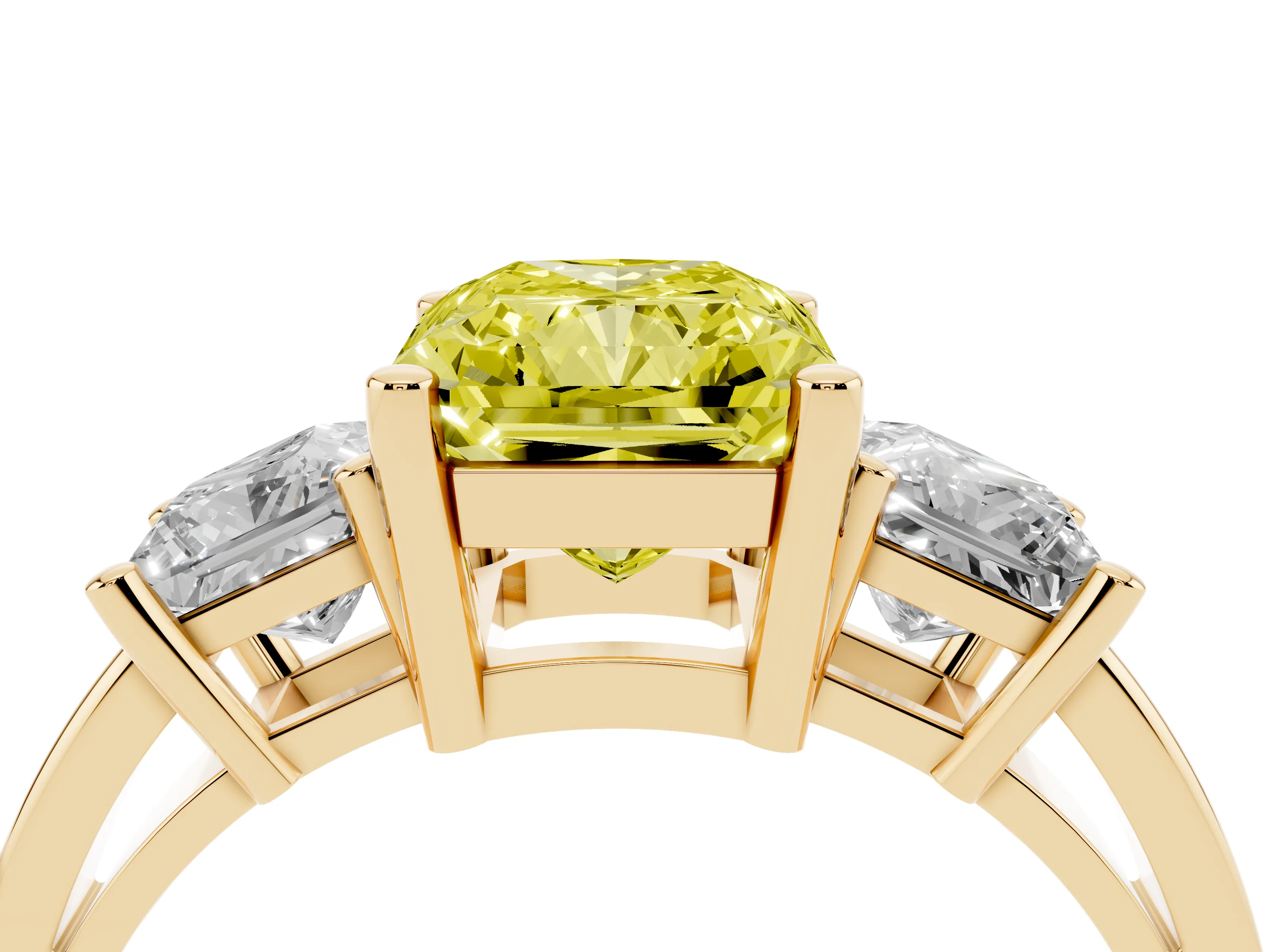Fancy Yellow Three-Stone Radiant Cut Diamond Solitaire Ring Set in Yellow gold with Prong Setting