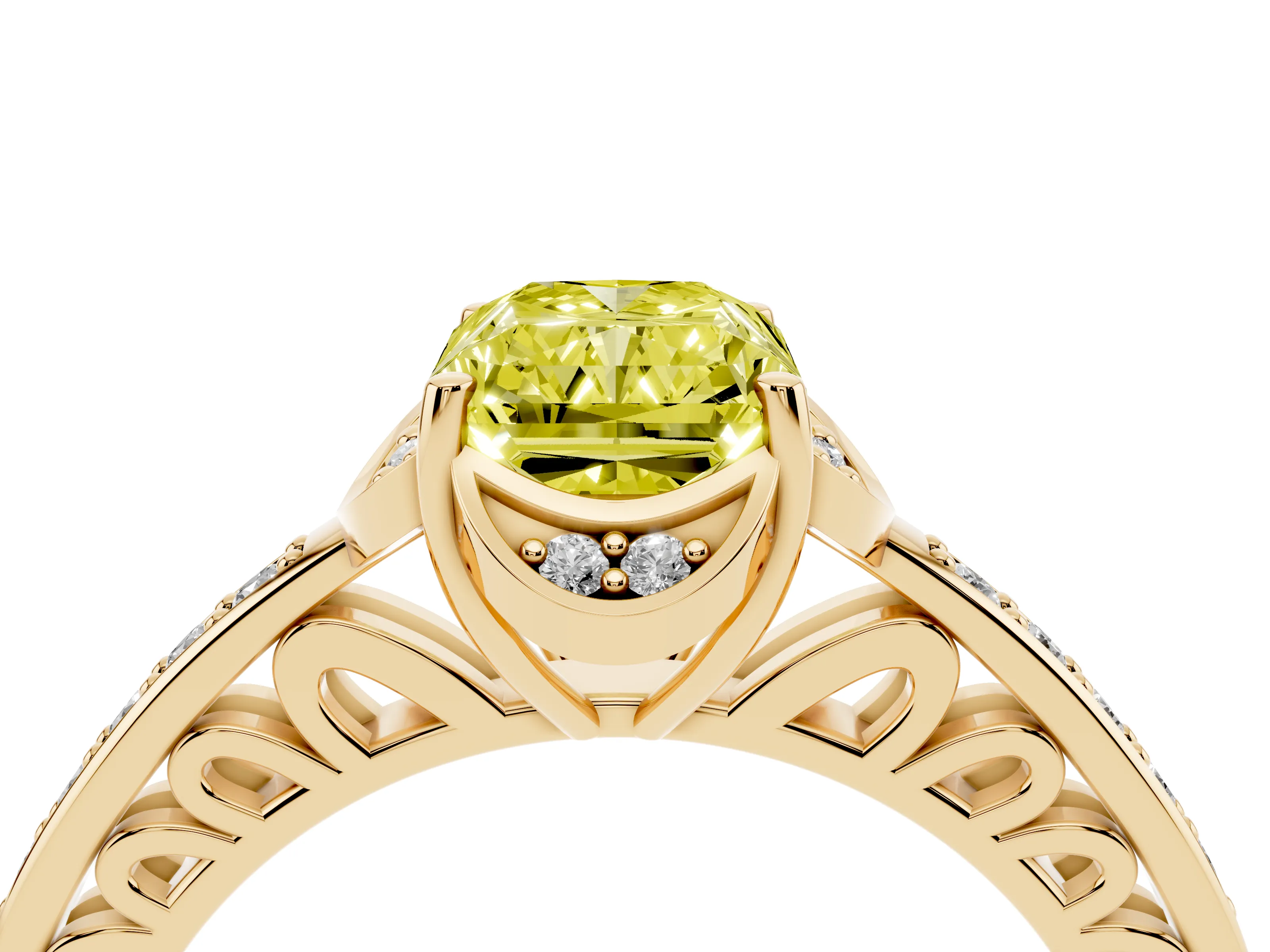 Fancy Yellow Radiant Cut Diamond Halo Ring Set in Yellow gold with Channel Set Band and Prong Setting