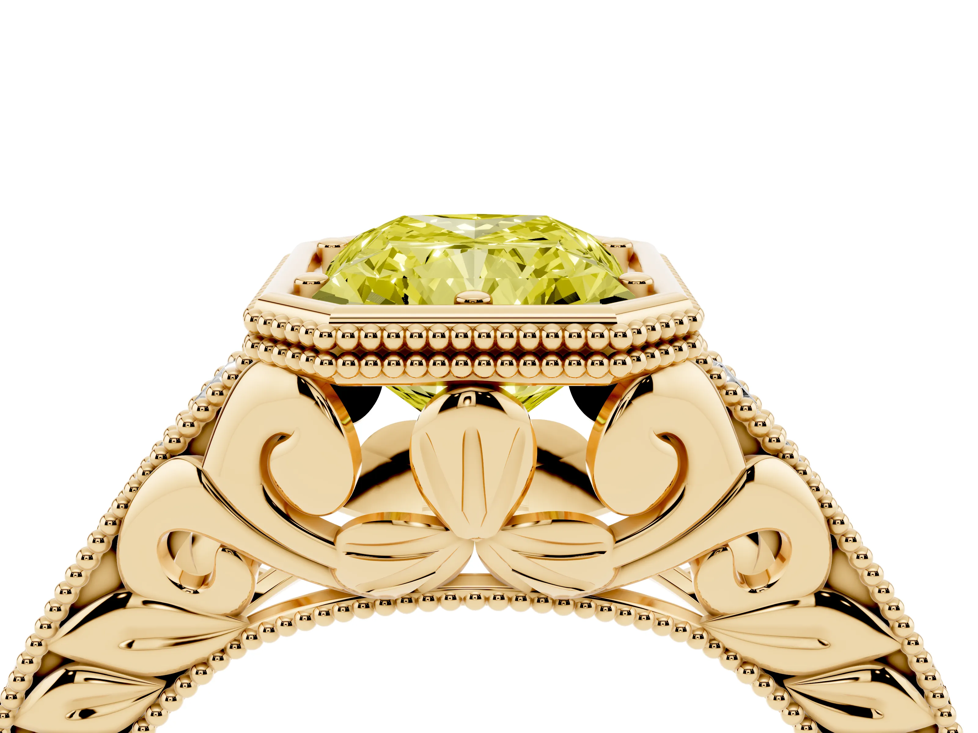 Fancy Yellow Bezel Set Radiant Cut Diamond Milgrain Pavé Engagement Ring Set in Yellow gold