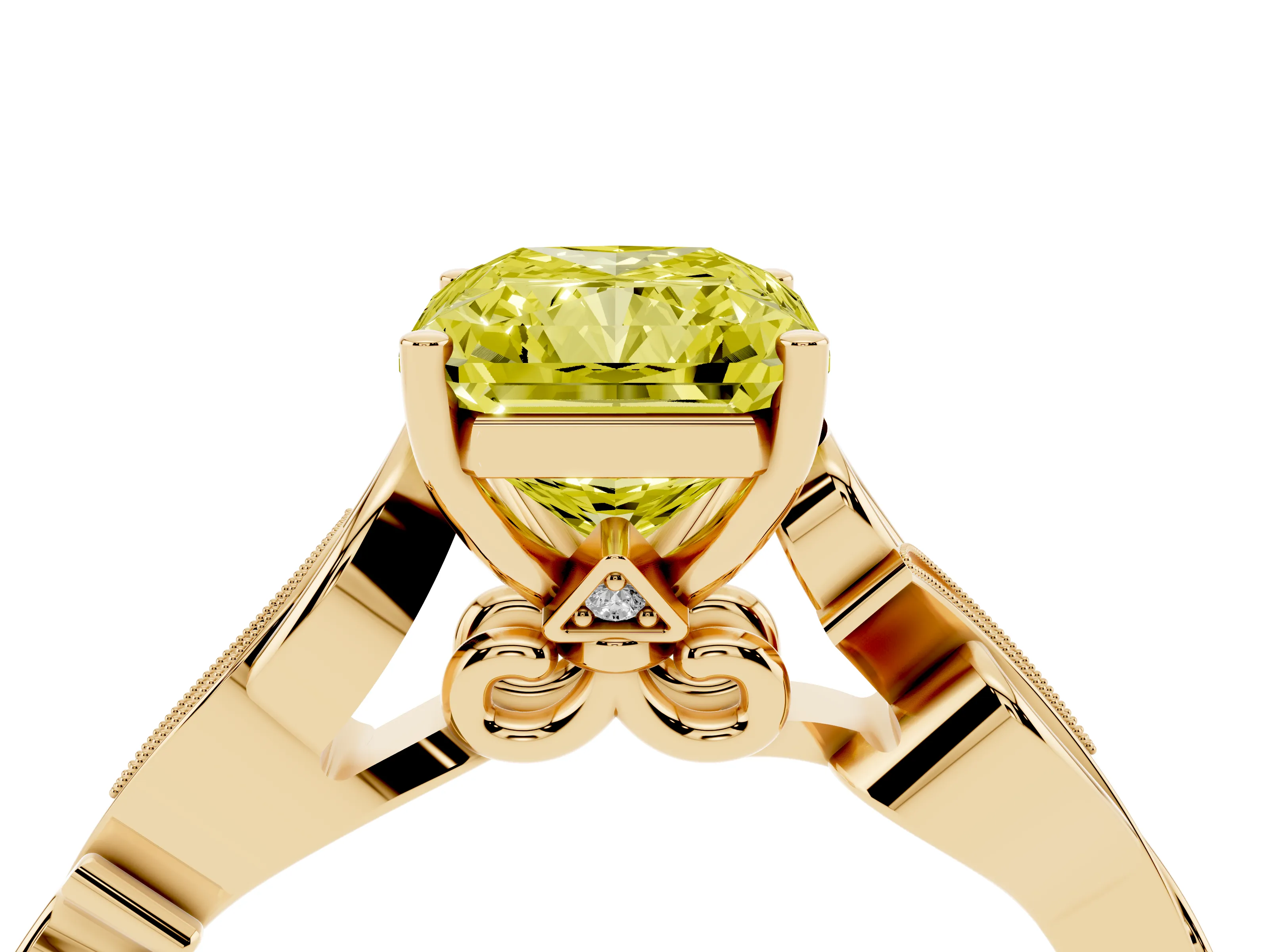 Fancy Yellow Radiant Cut Diamond Vine Band Solitaire Ring Set in Yellow gold with Milgrain Prong Setting