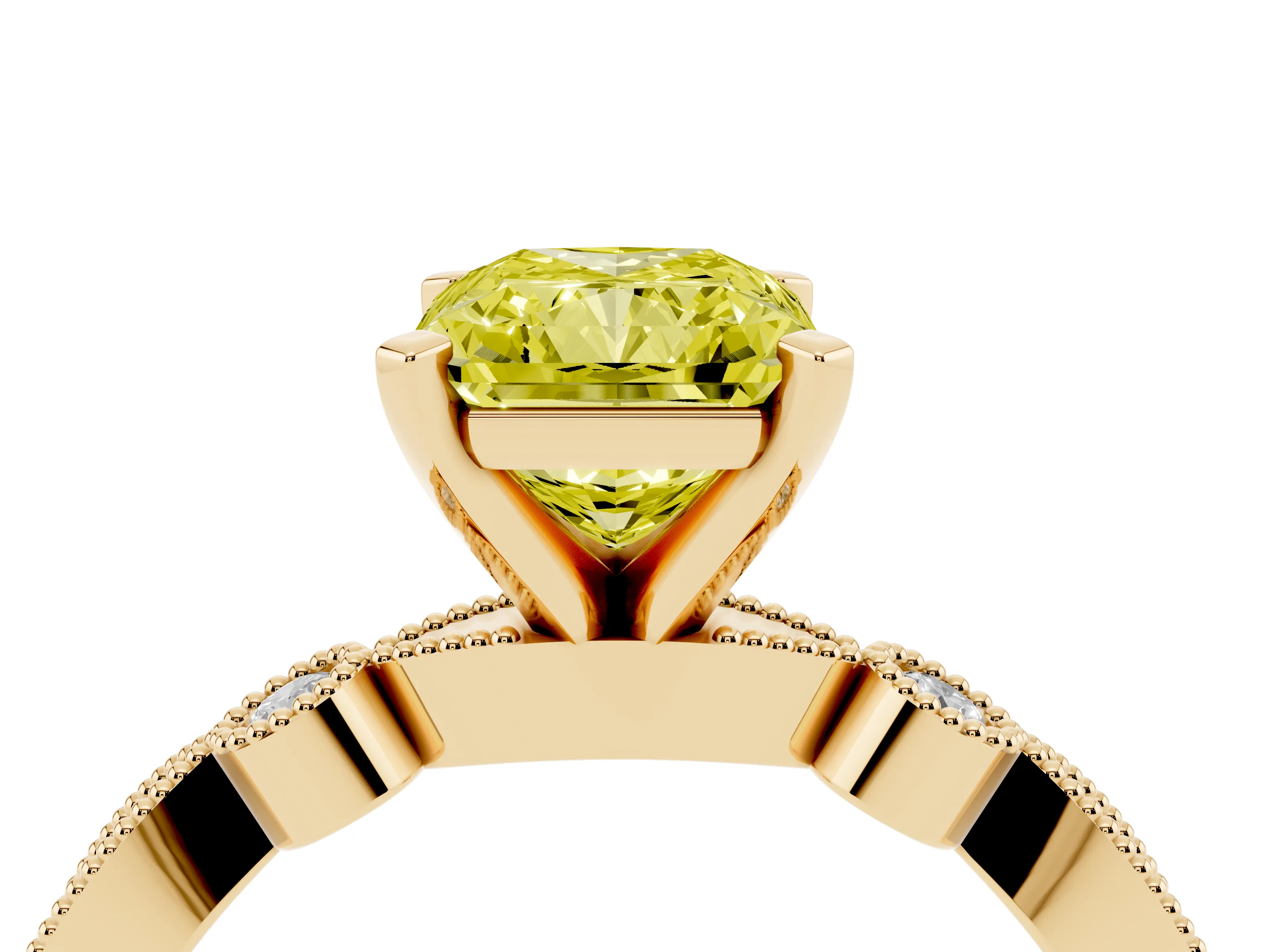 Fancy Yellow Radiant Cut Diamond Solitaire Engagement Ring Set in Yellow gold with Milgrain Bezel Accent Band