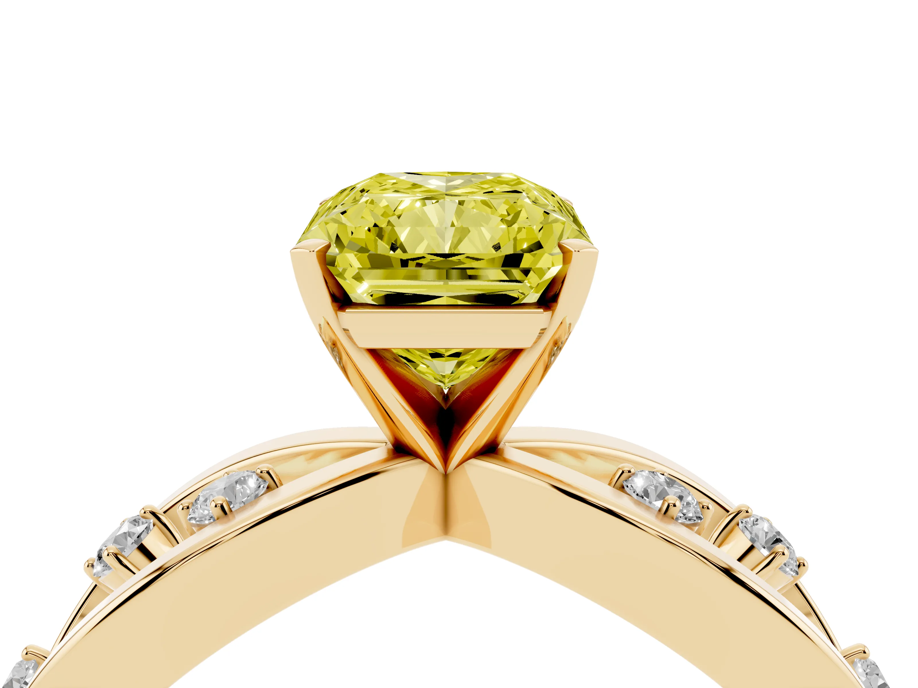 Fancy Yellow Radiant Cut Diamond Solitaire Ring Set in Yellow gold with Side Stones on Criss-Cross Band and Prong Setting