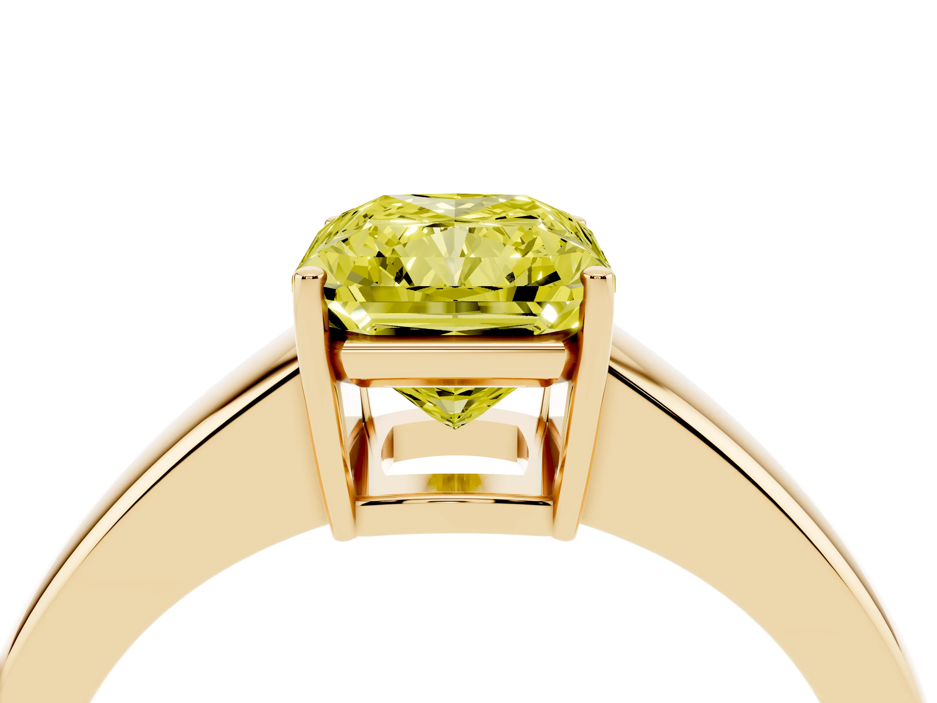 Fancy Yellow Radiant Cut Diamond Solitaire Ring Set in Yellow gold with Tapered Band and Prong Setting
