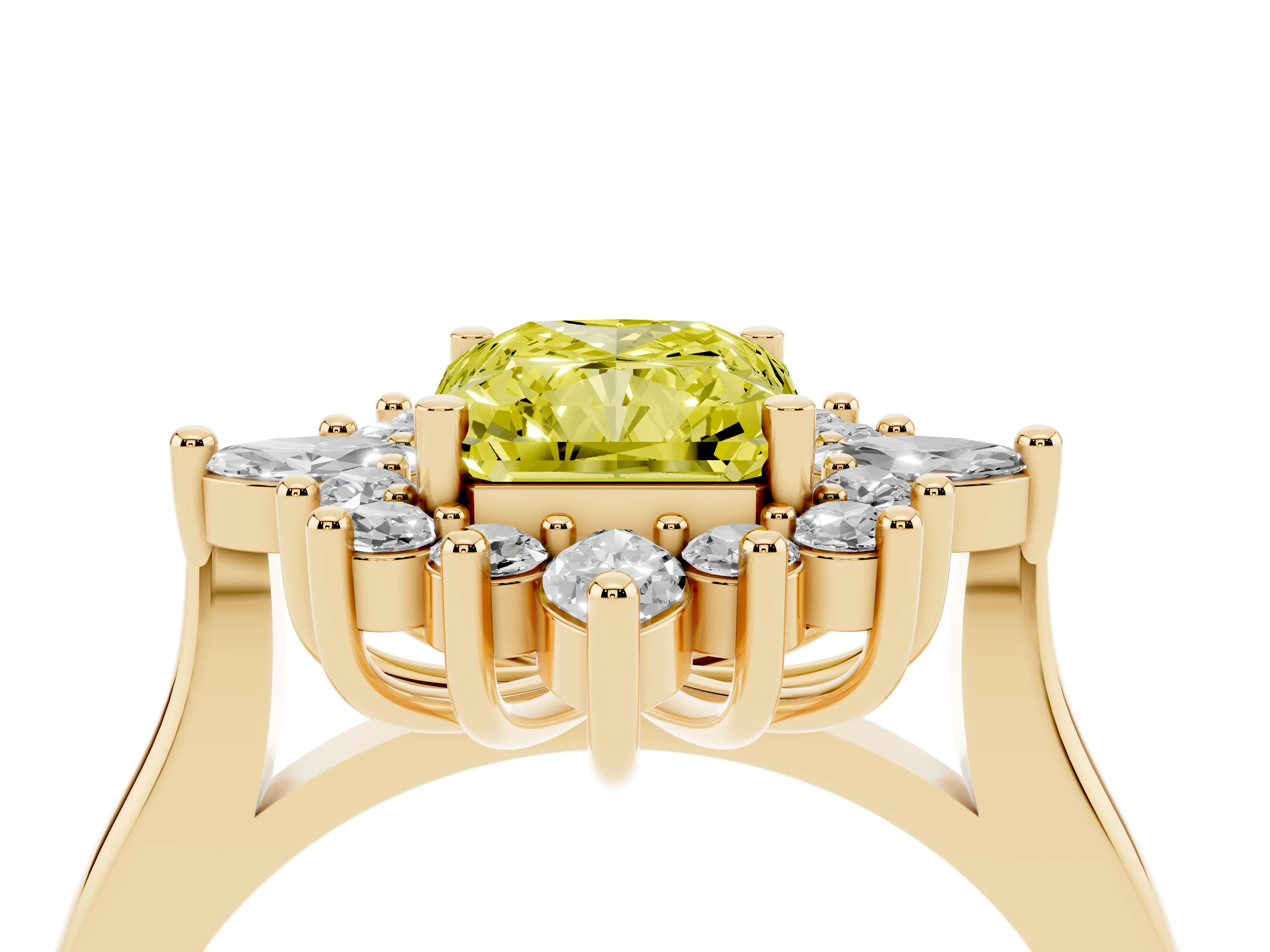 Fancy Yellow Radiant Cut Diamond Cluster Halo Ring Set in Yellow gold with Marquise and Round Accents