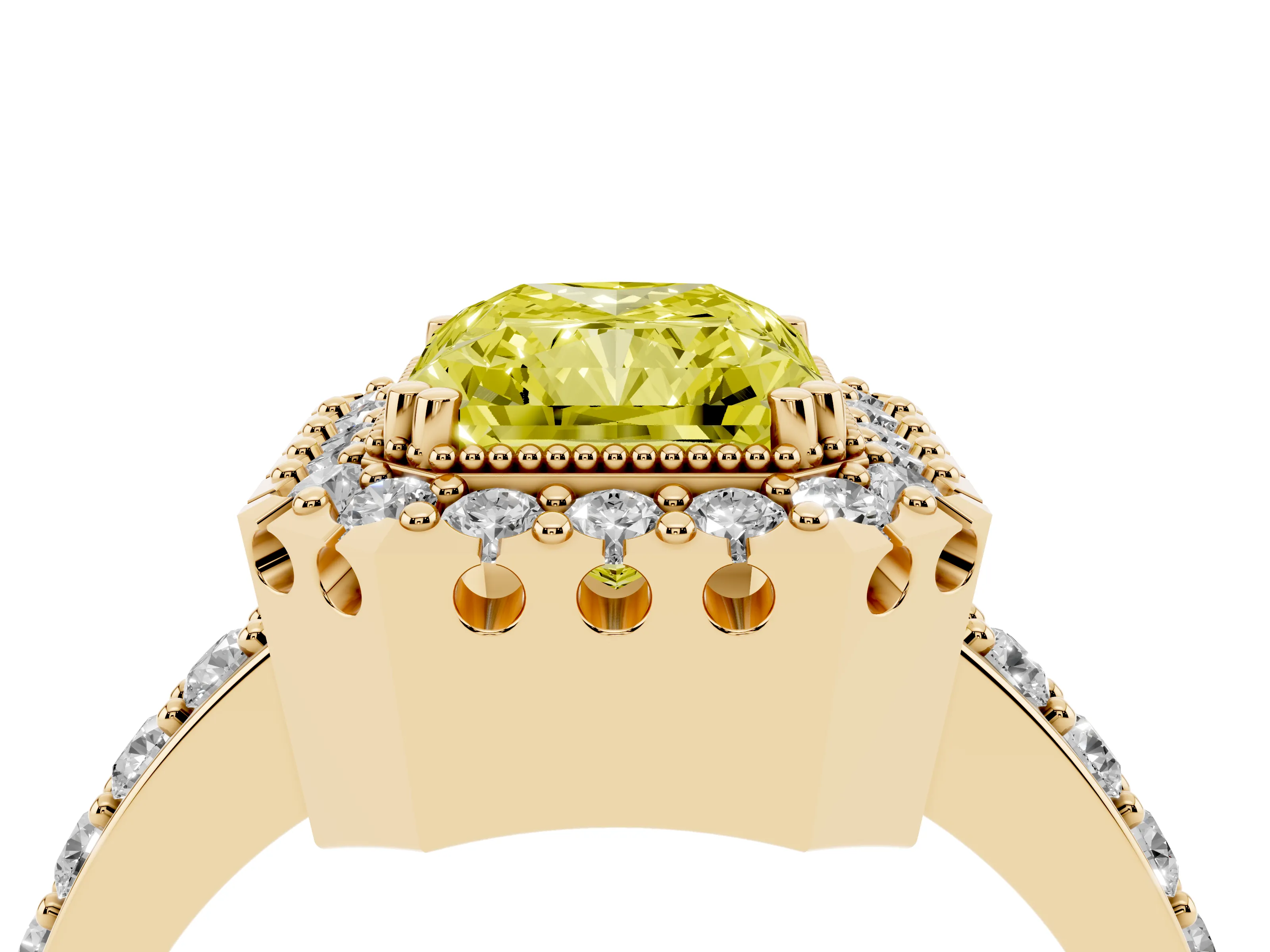 Fancy Yellow Radiant Cut Diamond Halo Ring Set in Yellow gold with Pavé Shank and Prong Setting