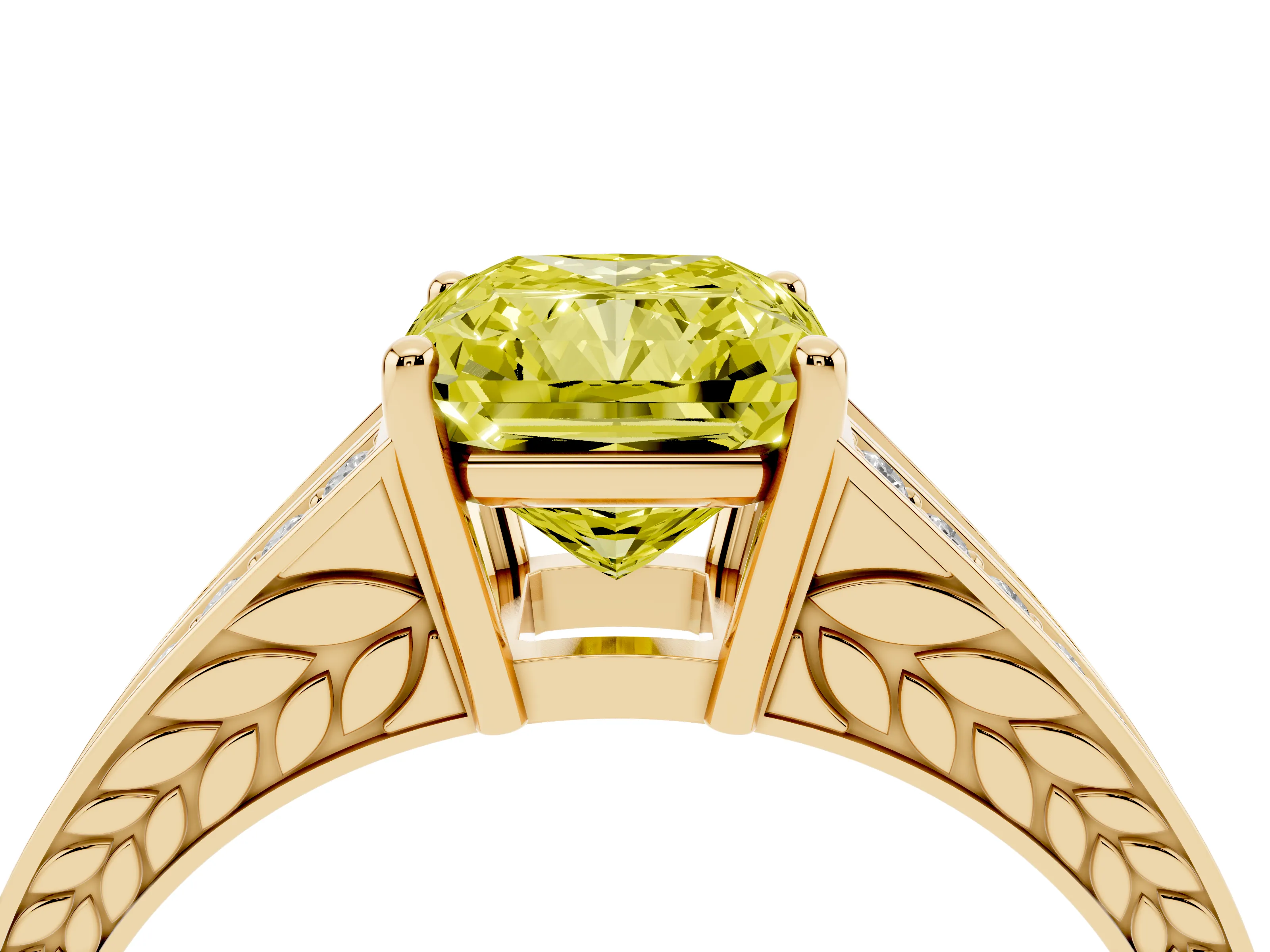 Fancy Yellow Radiant Cut Diamond Split Shank Ring Set in Yellow gold with Pavé Band and Prong Setting