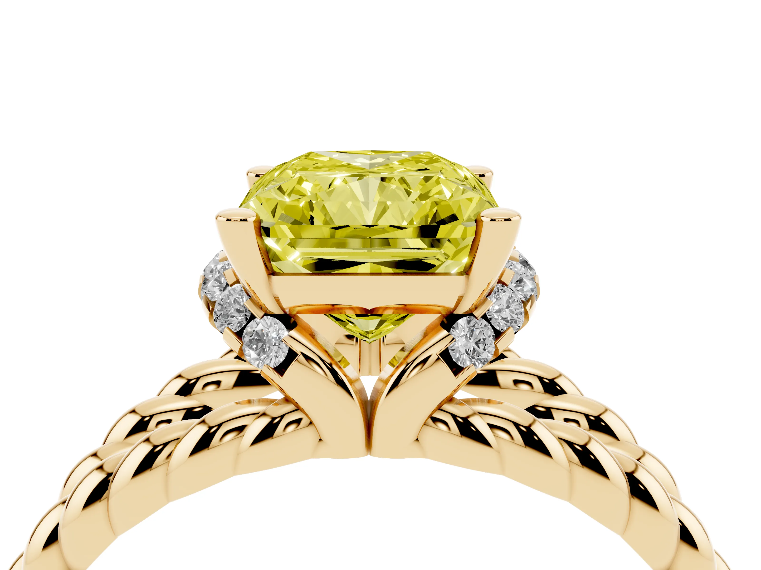 Fancy Yellow Radiant Cut Diamond Halo Ring Set in Yellow gold with Twisted Band and Prong Setting