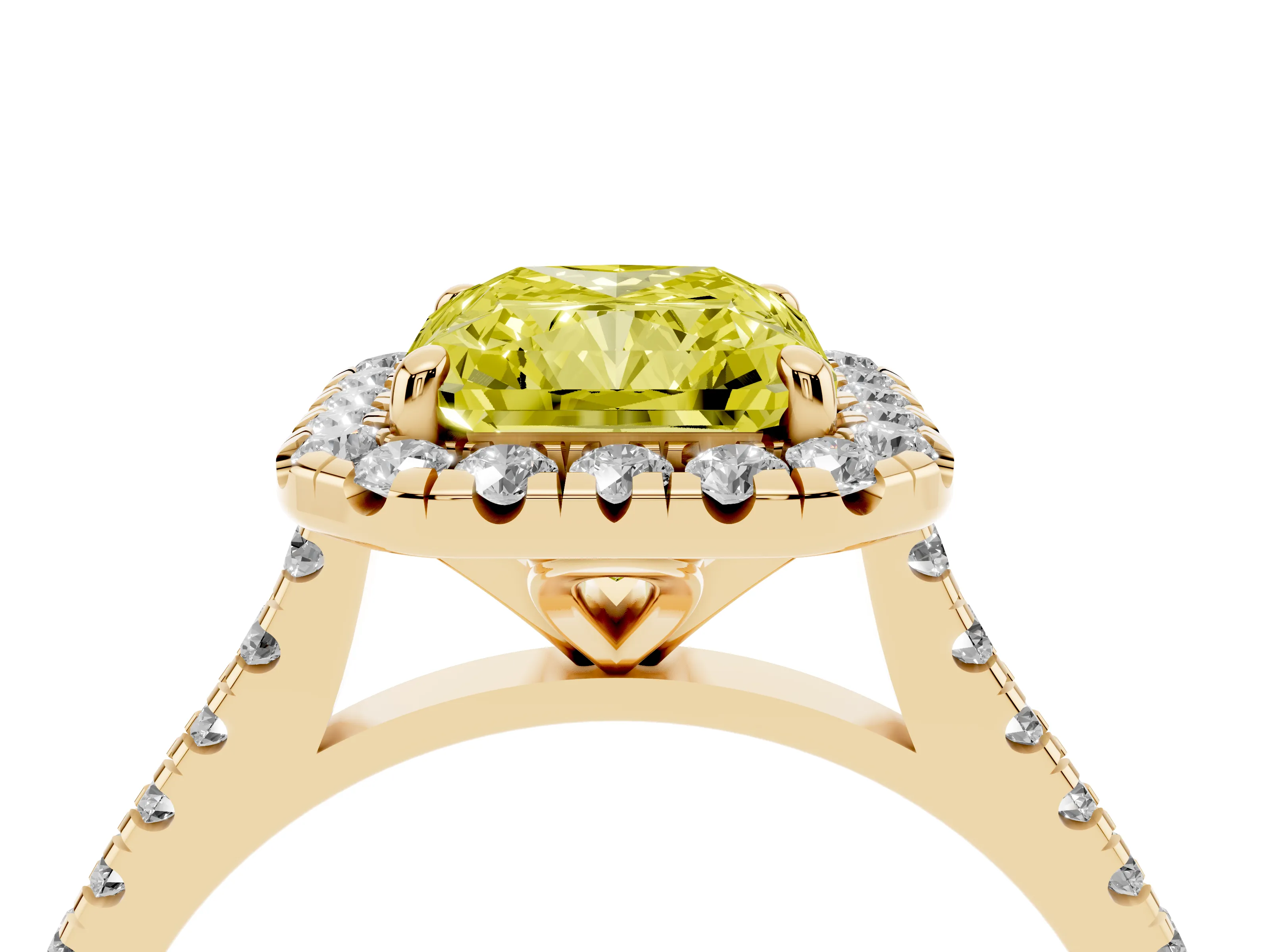 Fancy Yellow Radiant Cut Diamond Cushion Halo Ring Set in Yellow gold with Pavé Band