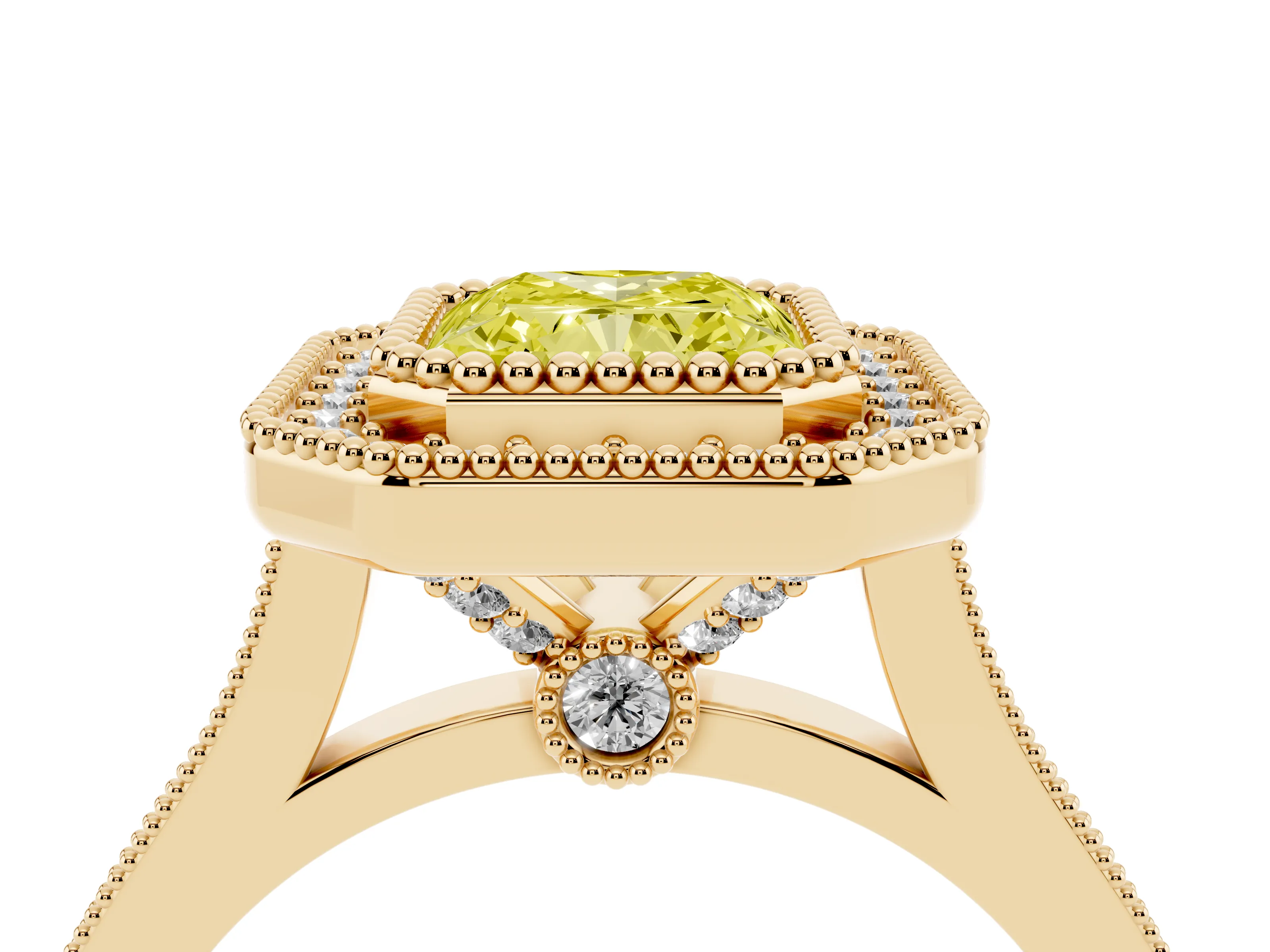 Fancy Yellow Radiant Cut Diamond Halo Ring Set in Yellow gold with Milgrain Frame and Pavé Band