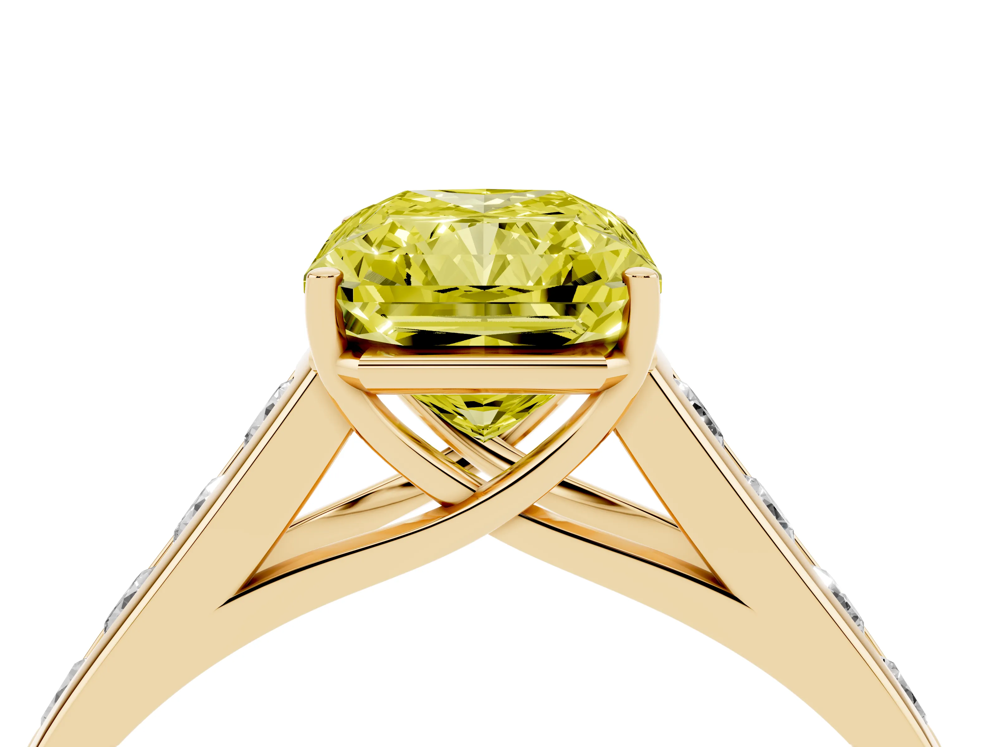 Fancy Yellow Radiant Cut Diamond Brilliant Channel-Set Solitaire Ring Set in Yellow gold with Prong Setting