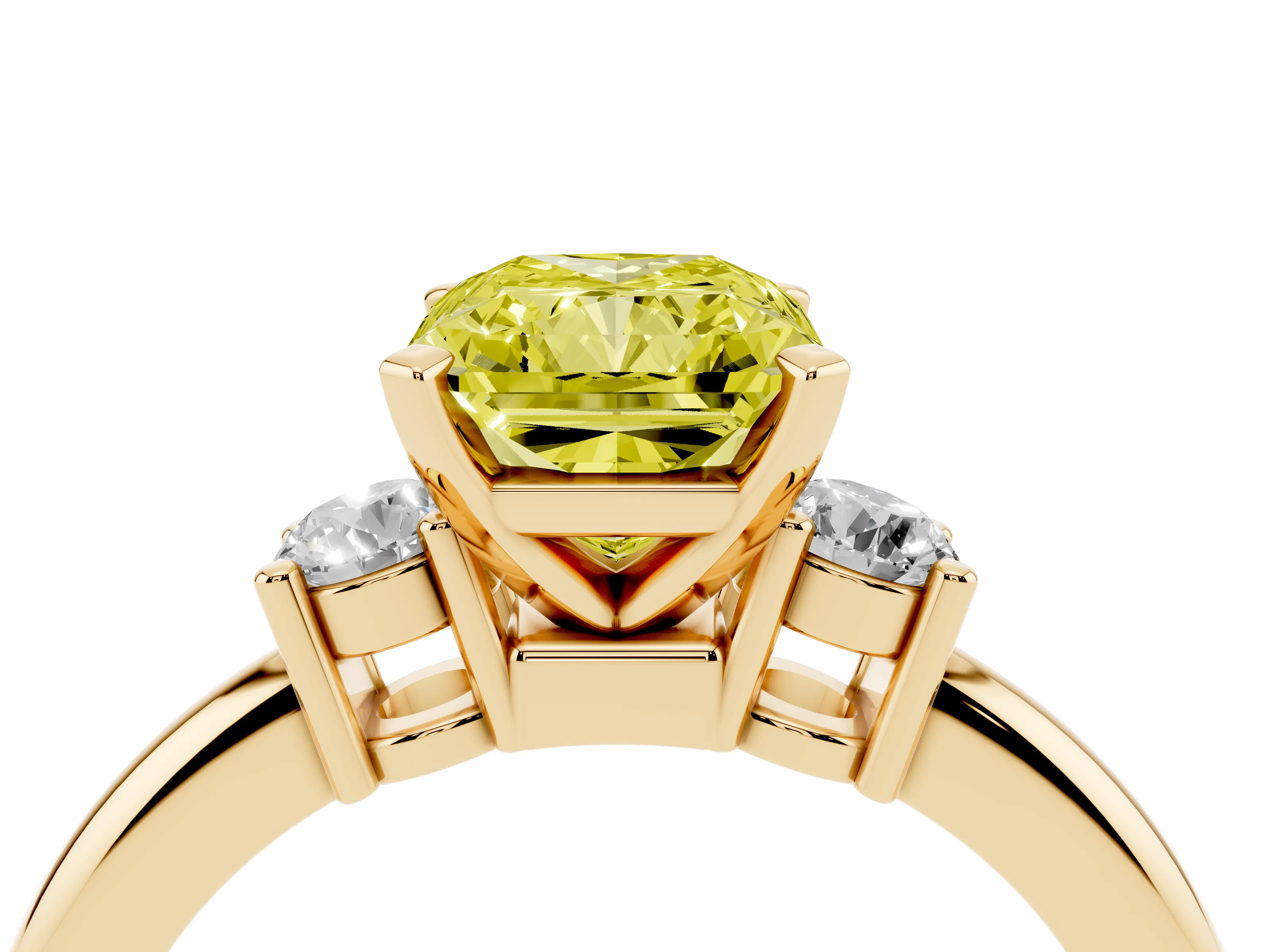 Fancy Yellow Three-Stone Radiant Cut Diamond Ring Set in Yellow gold with Prong Setting and Plain Band