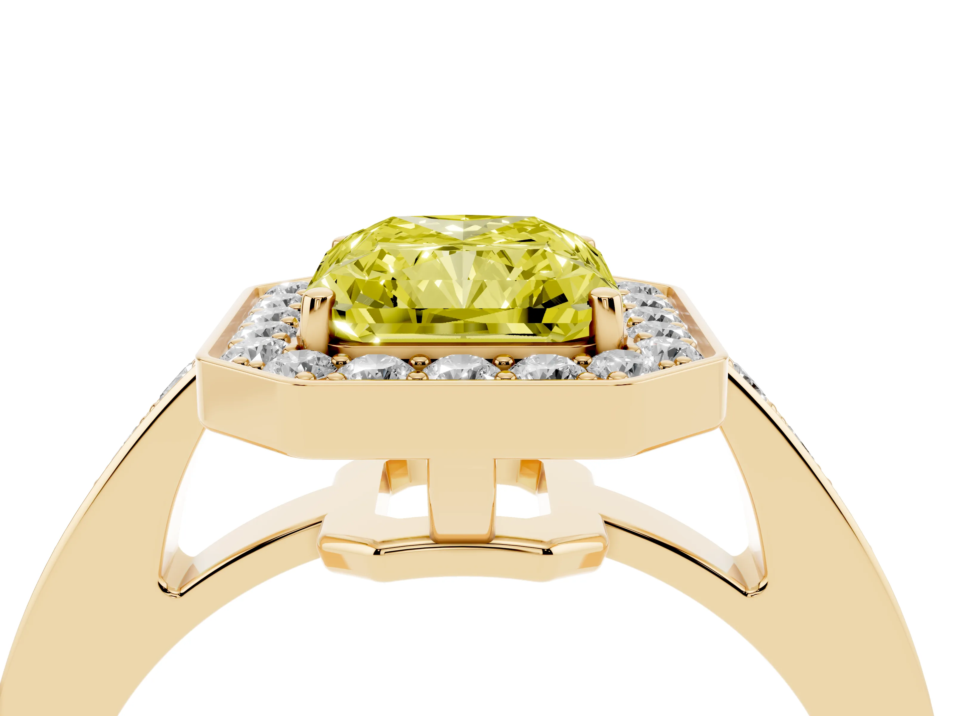 Fancy Yellow Radiant Cut Diamond Halo Pavé Engagement Ring Set in Yellow gold with Bezel Setting